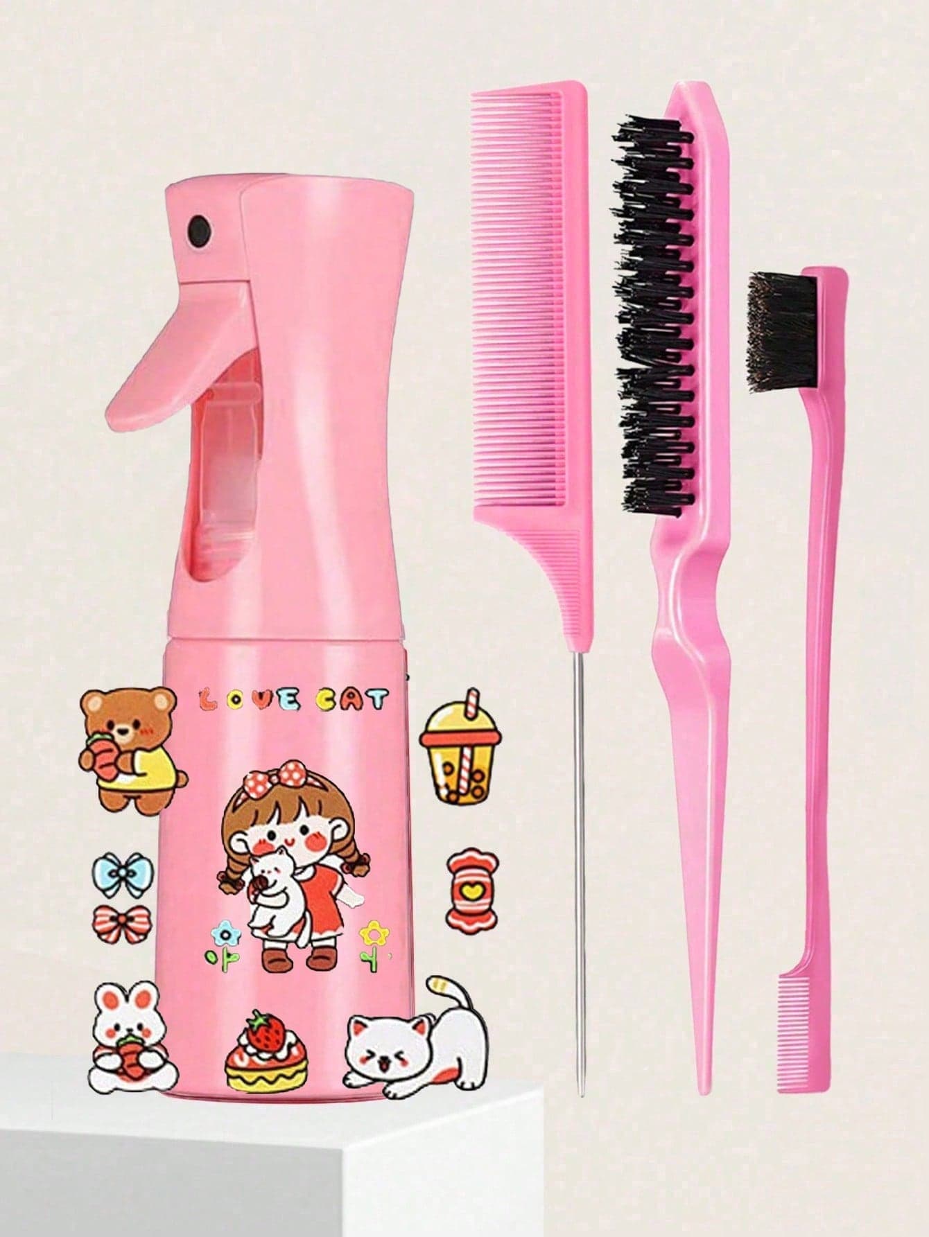 1/3/4/5/6/7pcs Hair Styling Tool Set, Hair Spray Bottle, Rat Tail Comb, Hairline Brush And Cute Stickers - Perfect Gift For Girls