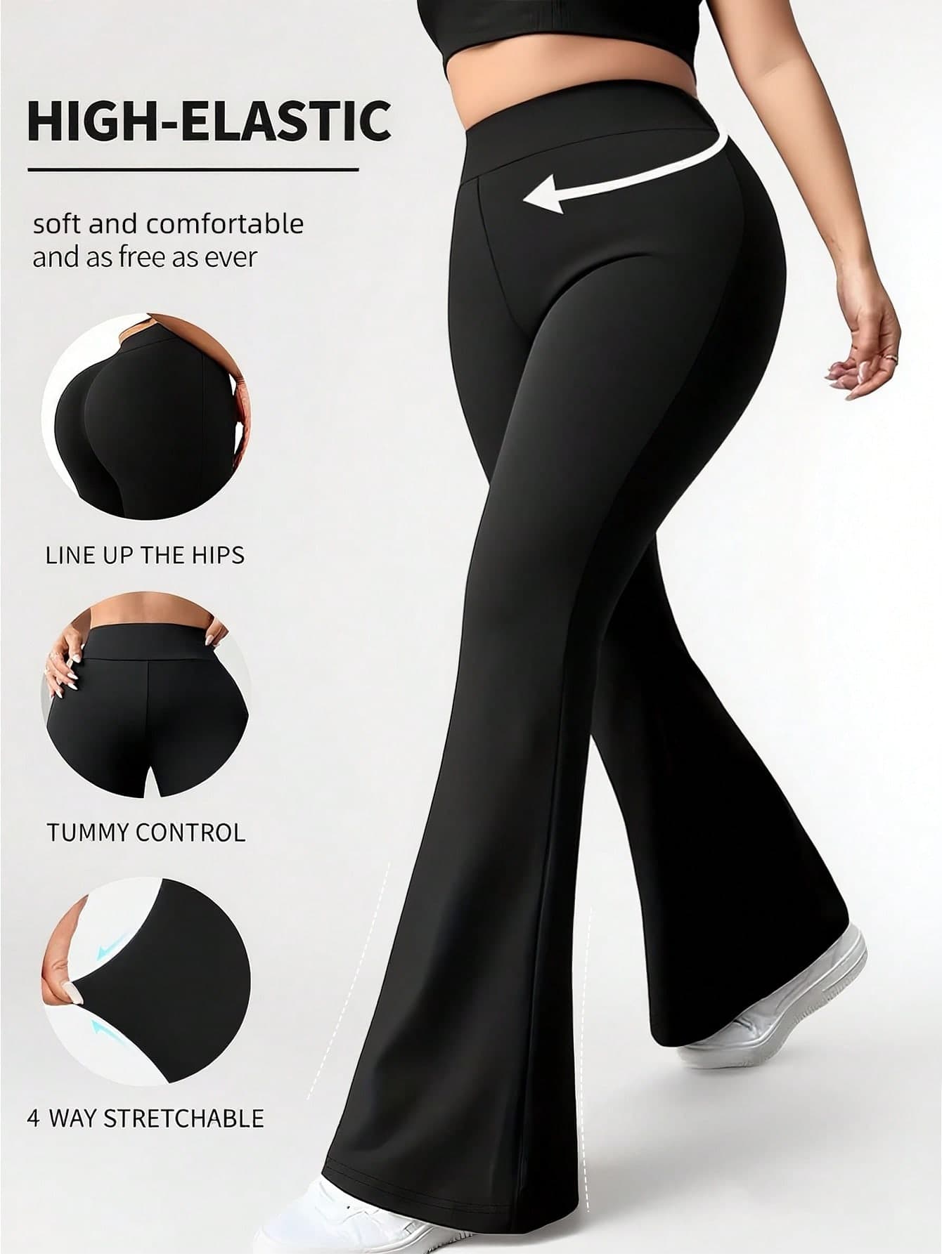 Autumn/Winter New Women's Plus Size Solid Color High Waist Elastic Flare Leggings, Soft Slimming Minimalist Versatile Yoga Casual Long Pants Sports