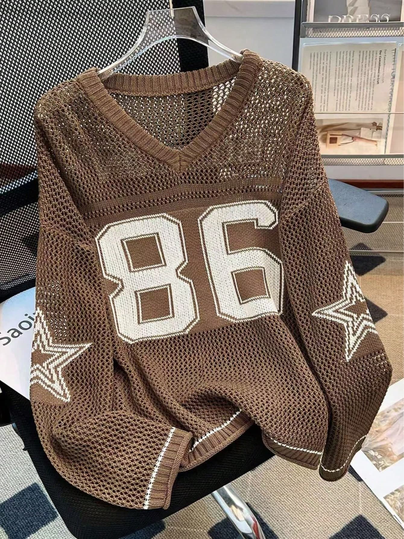 Plus Size Women's Summer Couple Matching Plus Size Loose Sweatshirt, Numeric Print Casual Relaxed Style Outerwear, Elegant Sheer Knit Top Spring
