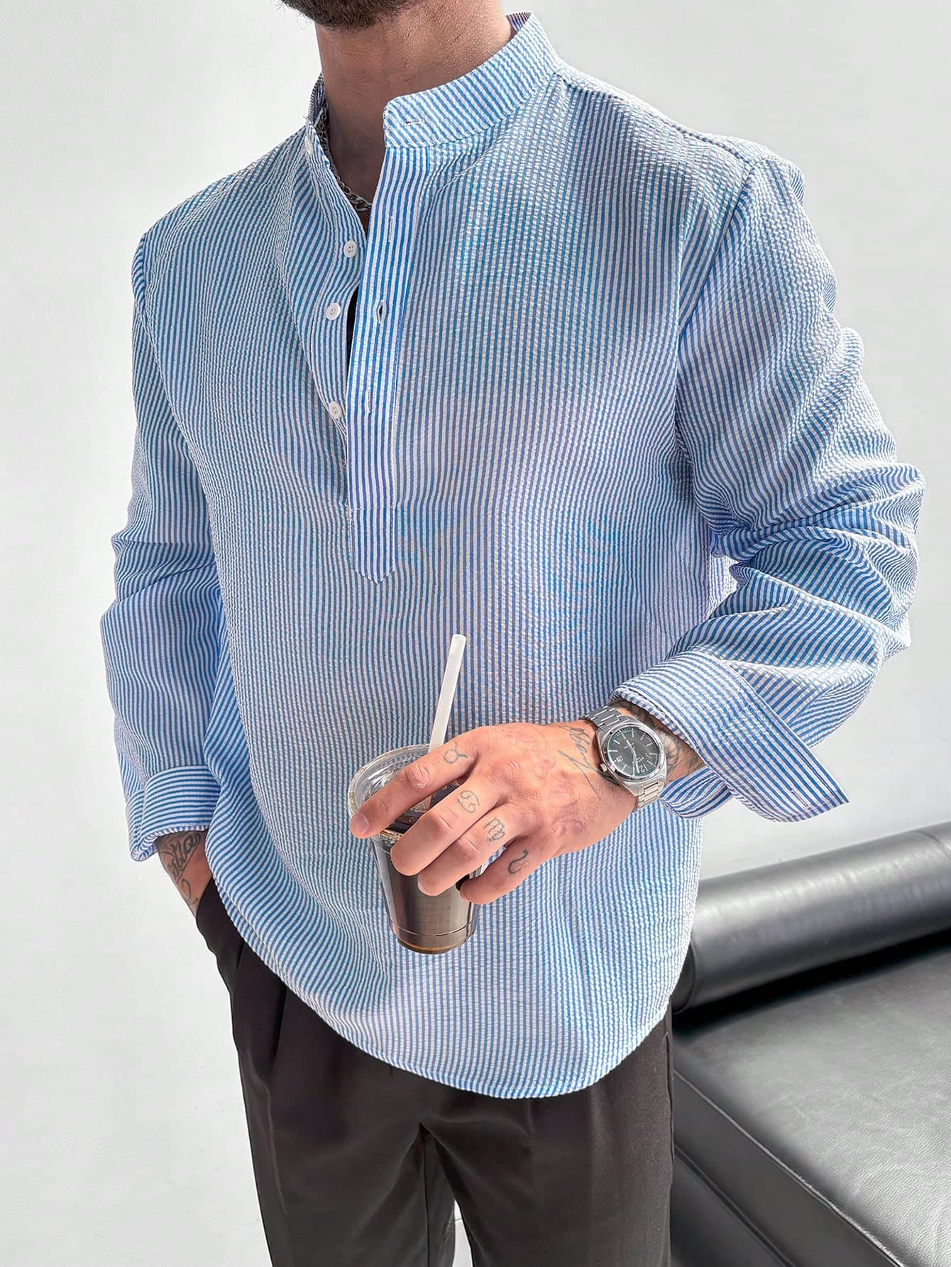 GloMan Men's Half-Placket Stand Collar Linen Long Sleeve Shirt, Lightweight Breathable Loose Casual Style, Suitable For Summer Vacation, Party, Office Daily Wear, Men's Gift