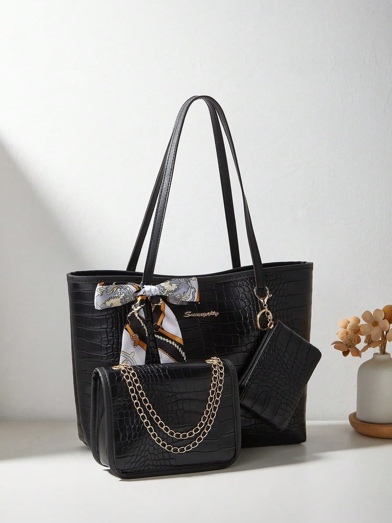 3pcs Women's Set: Shoulder Scarf, Tote Bag, Chain Shoulder Bag & Coin Purse, Crocodile Embossed