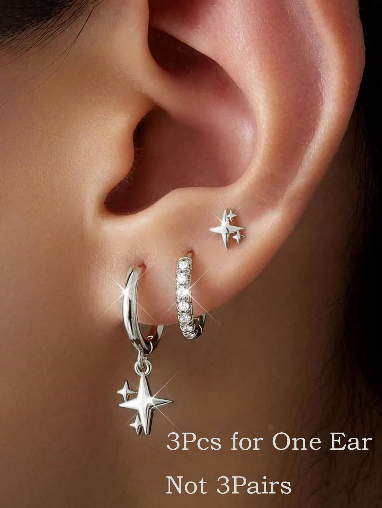 3pcs/Set Delicate Star Shaped Stud Earrings Set, Silver Color, Low Allergy, Elegant Star Cartilage Dangle Earrings, Suitable For Daily Wear, Sensitive Ears, Multiple Piercings, Unisex