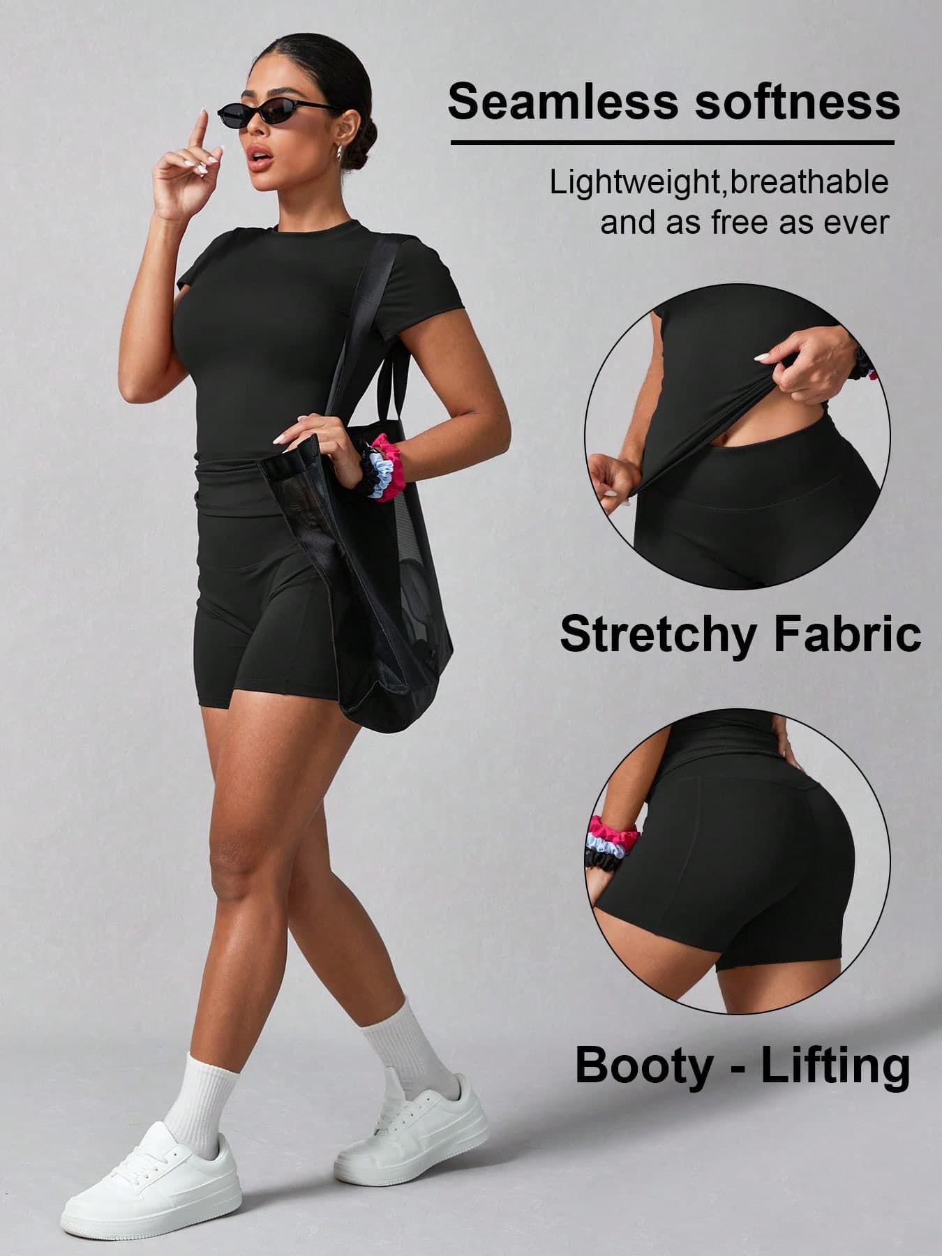 Women's Simple Solid Color Short Sleeve Shorts Sports Suit Black Summer