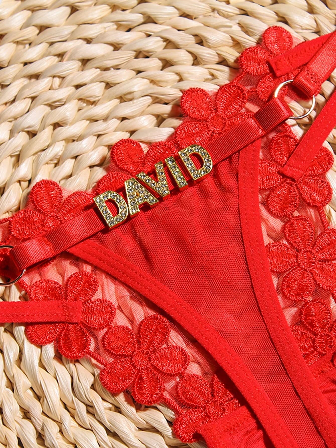 Personalized Crystal Letter Thong Custom Name Lace Panties, T-Back Underwear Women's Lingerie, Valentine Anniversary Birthday Gift For Wife