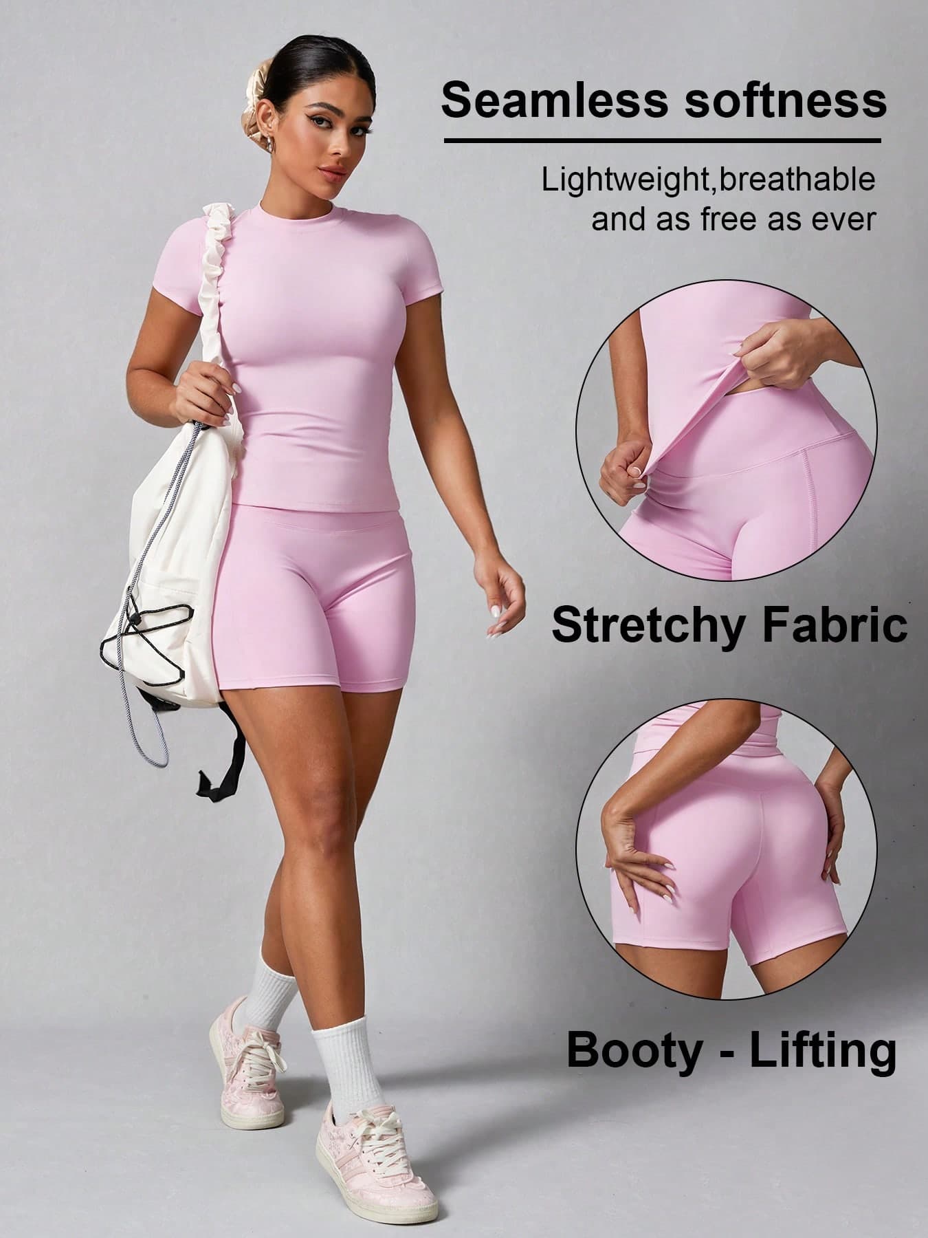Women's Simple Solid Color Short Sleeve Shorts Sports Set Pink Summer
