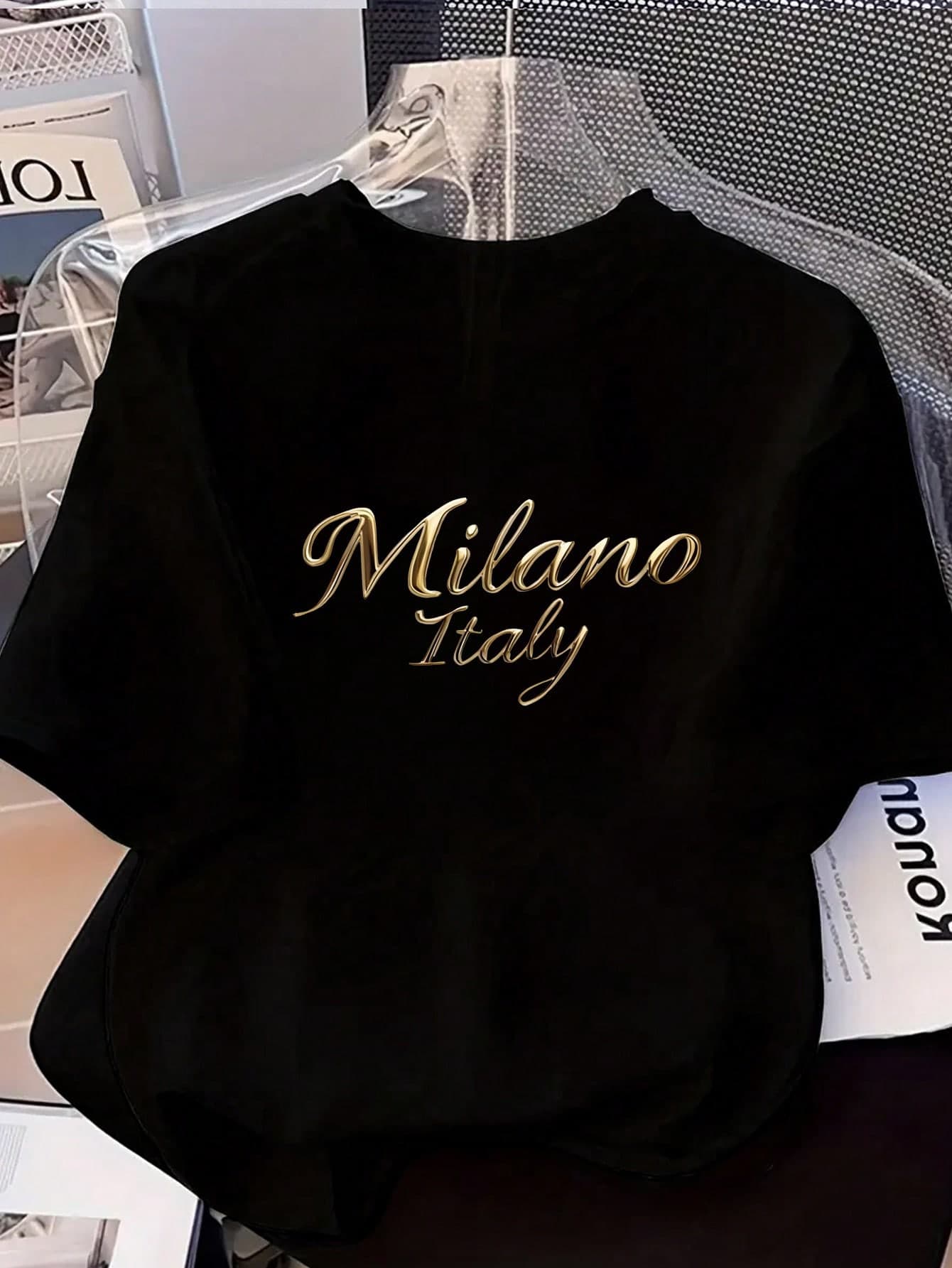 Women's Soft Versatile T-Shirt With Elegant "MILANO ITALY" Letter Print - Comfortable Round Neck Short Sleeve Casual Top, Suitable For All Seasons, Versatile T-Shirt | Handwritten Style Top | Minimalist Design Black Summer