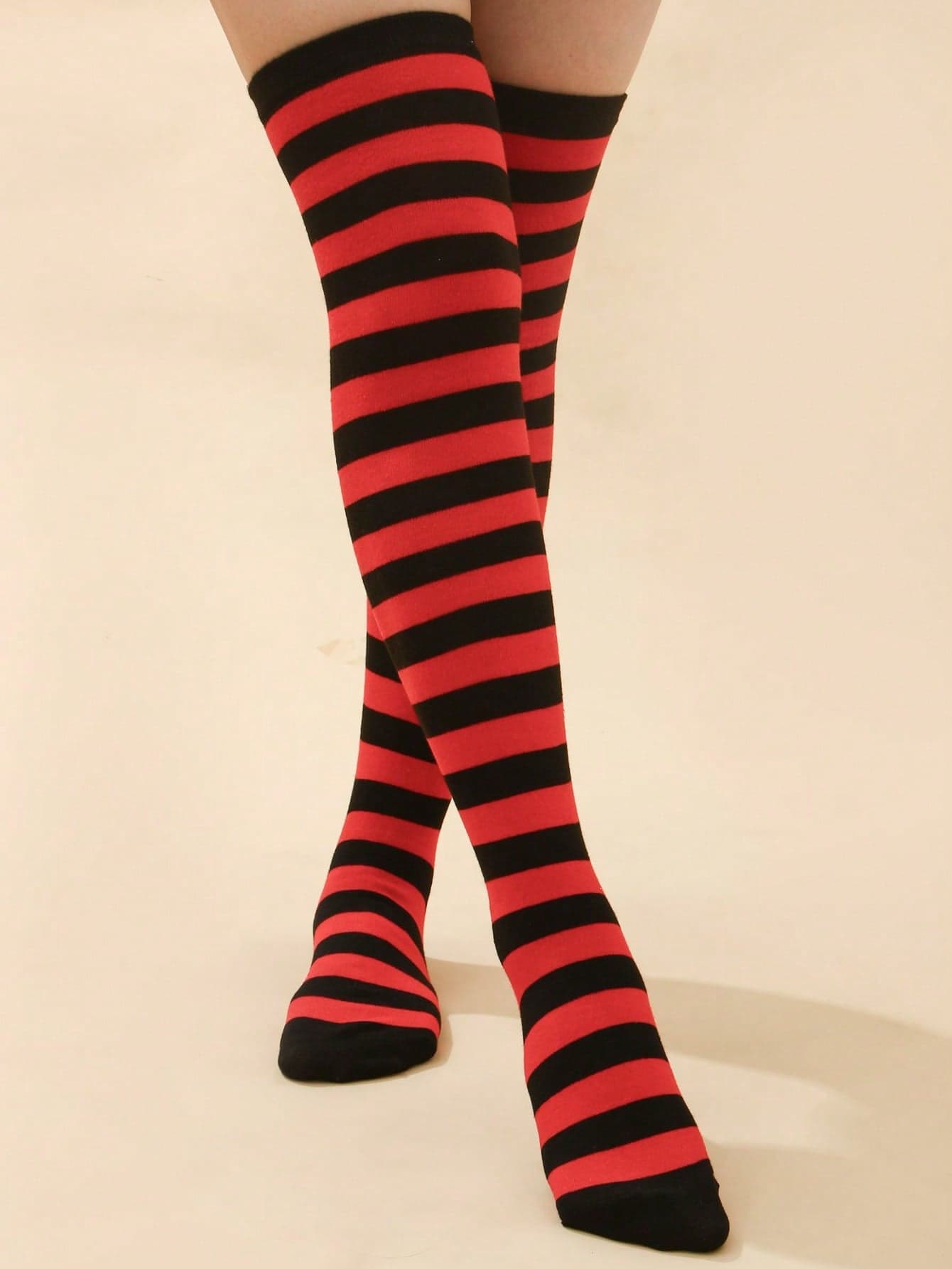 1 Pair Women's Red And Black Striped Over,The,Knee Socks, Cozy Socks