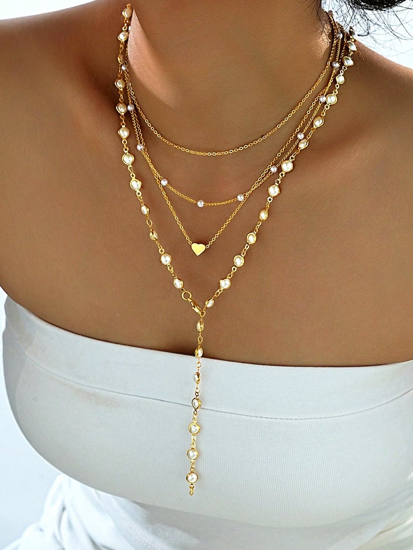 4pcs Elegant Faux Pearl Heart Shaped Layered Y-Necklace Set, Fashion Necklace Jewelry For Women, Suitable For Vacation, Party, Daily Wear