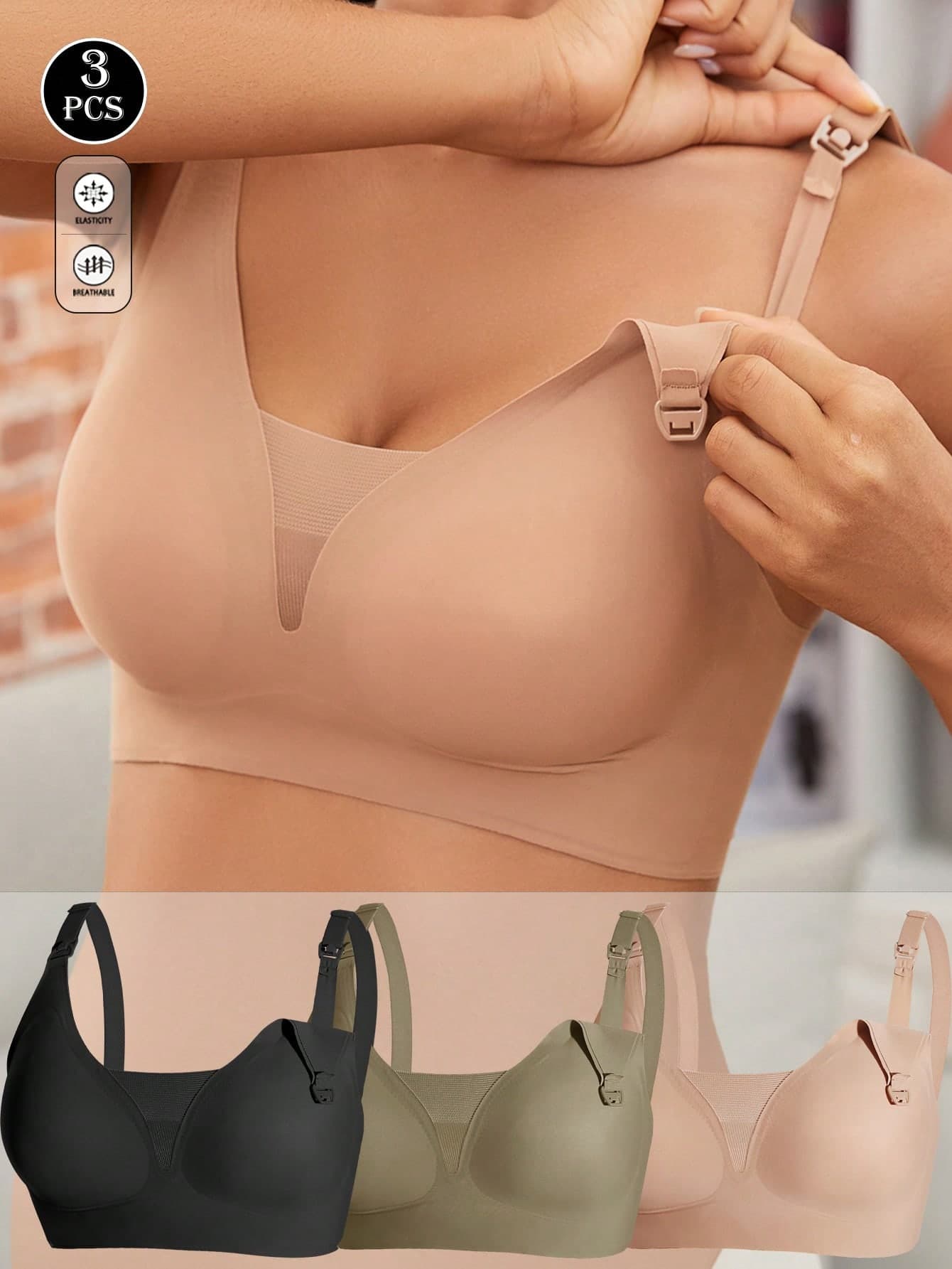 3pcs/Pack Pregnancy & Nursing Seamless Front-Clasp Bra, Deep V-Neck Sexy Breastfeeding Lingerie, Suitable For All Seasons