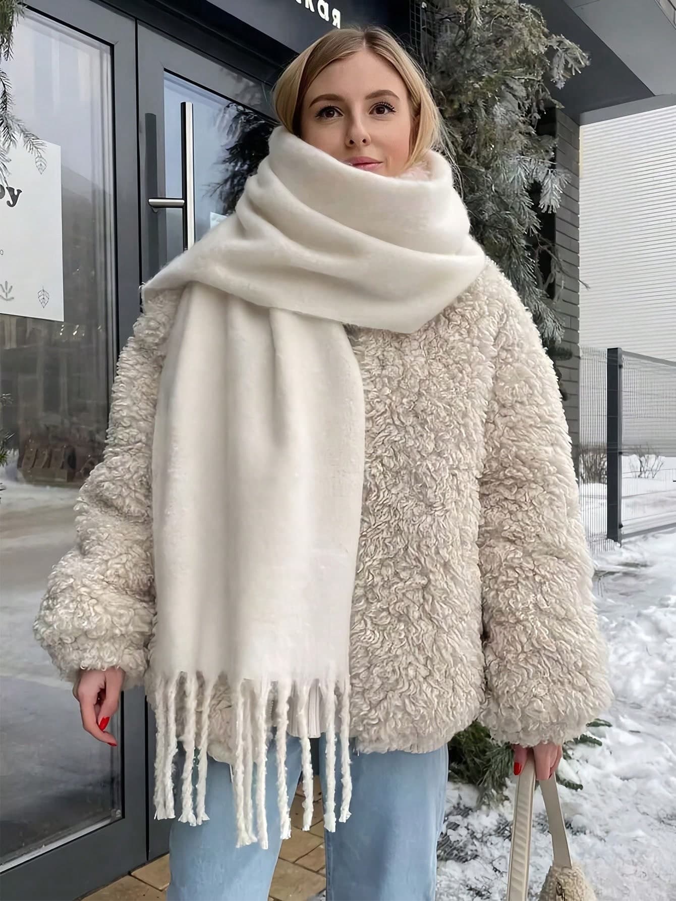 1pc Women's Solid Color Mohair Scarf, Autumn/Winter New Style One-Piece Collar Korean Version Premium Thick Warm Shawl