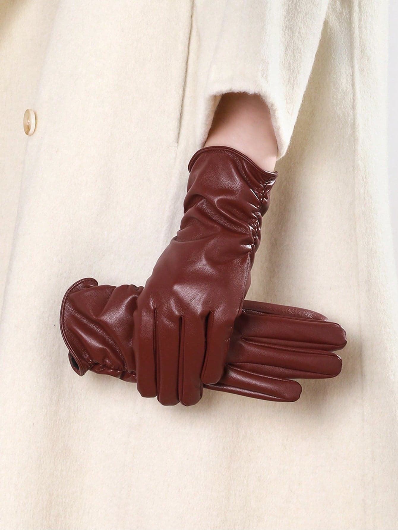 1 Pair Solid Color Street Style PU Leather Quilted Women's Faux Leather Gloves, Fashionable Warm Waterproof For Going Out, Dates In Winter, Suitable For Christmas And Halloween With Thermal Lined