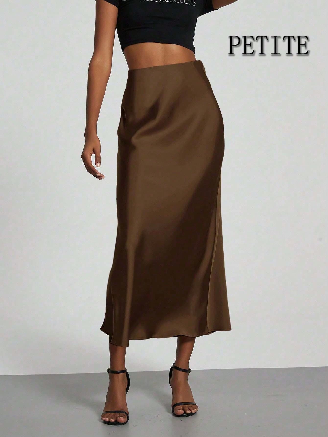 Se-Helo Women's Fashion Commuter Versatile Petite Version Elastic Satin Texture Seasonal Wear Satin Skirt Midi Skirt - Coffee Brown Spring