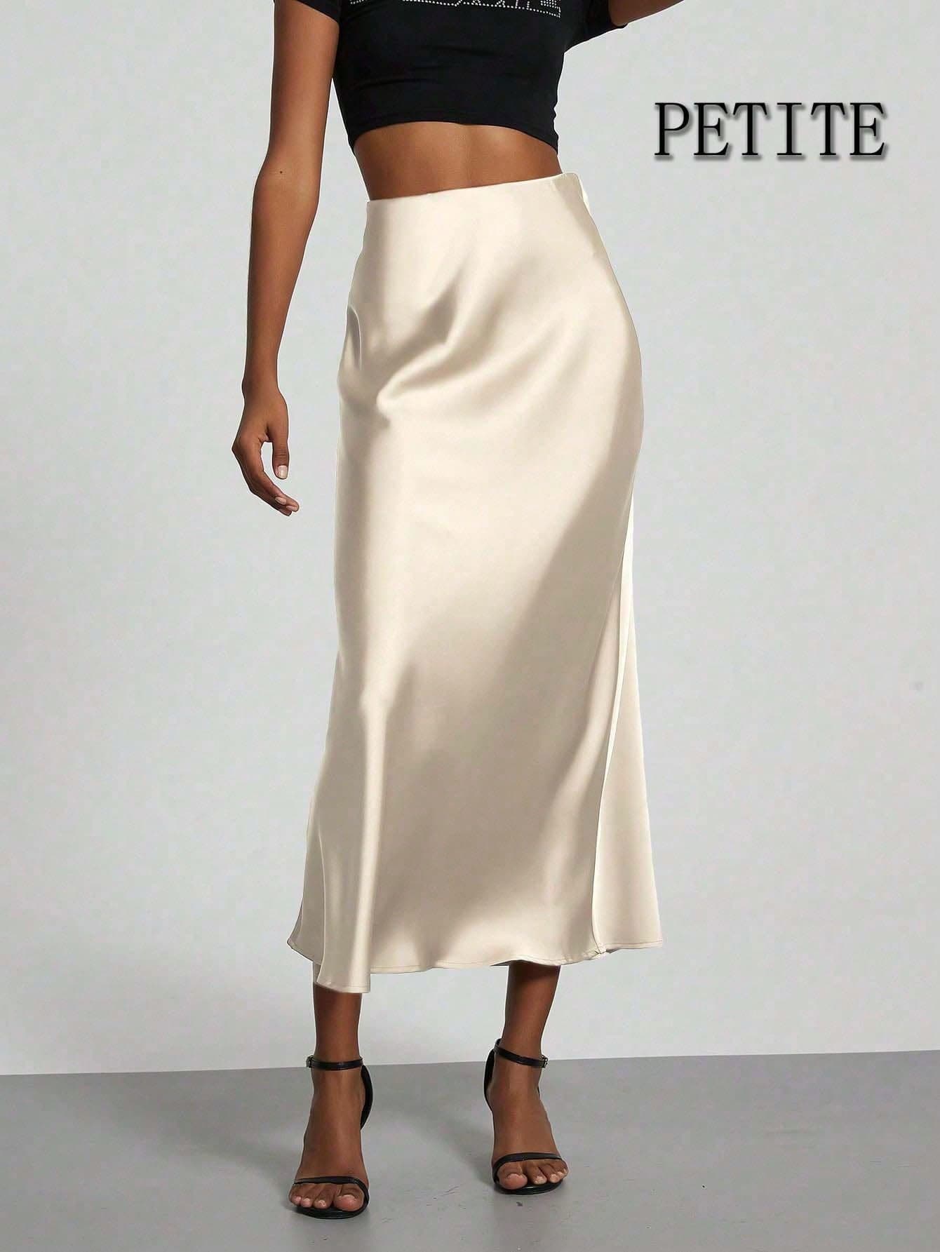 Se-Helo Women's Fashion Commuter Versatile Petite Version Elastic Satin Texture Seasonal Wear Satin Skirt Midi Skirt - Beige Spring