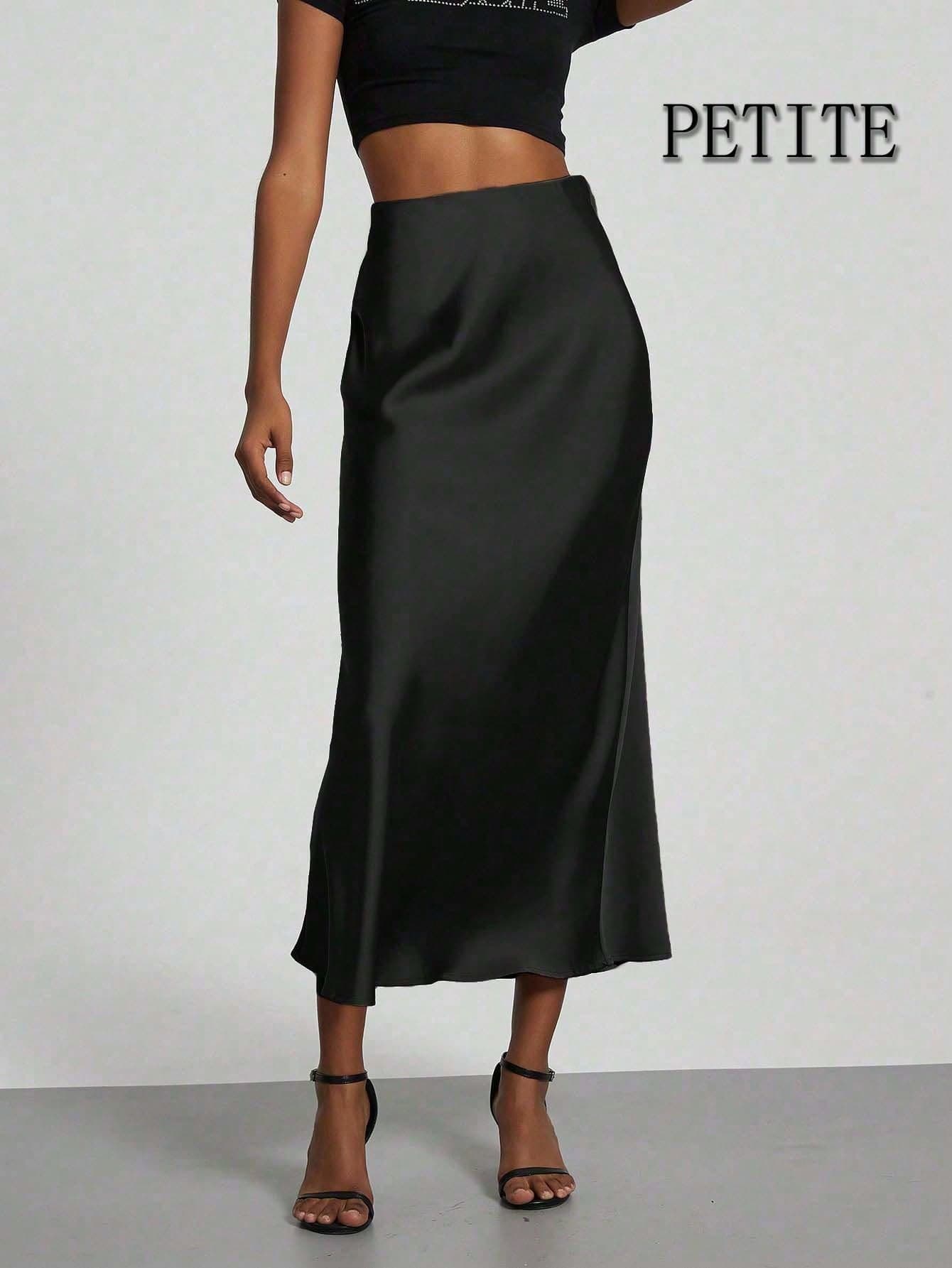 Se-Helo Women's Fashion Commuter Versatile Petite Version Elastic Satin Texture Seasonal Wearable Satin Skirt Midi Skirt - Black Spring