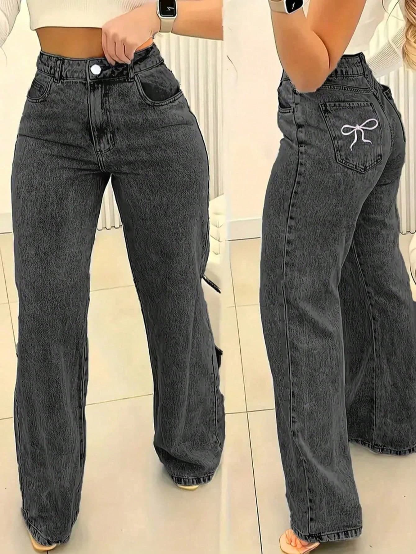 Women's Embroidered Bow Pocket Straight Loose Casual Versatile Jeans Spring Black