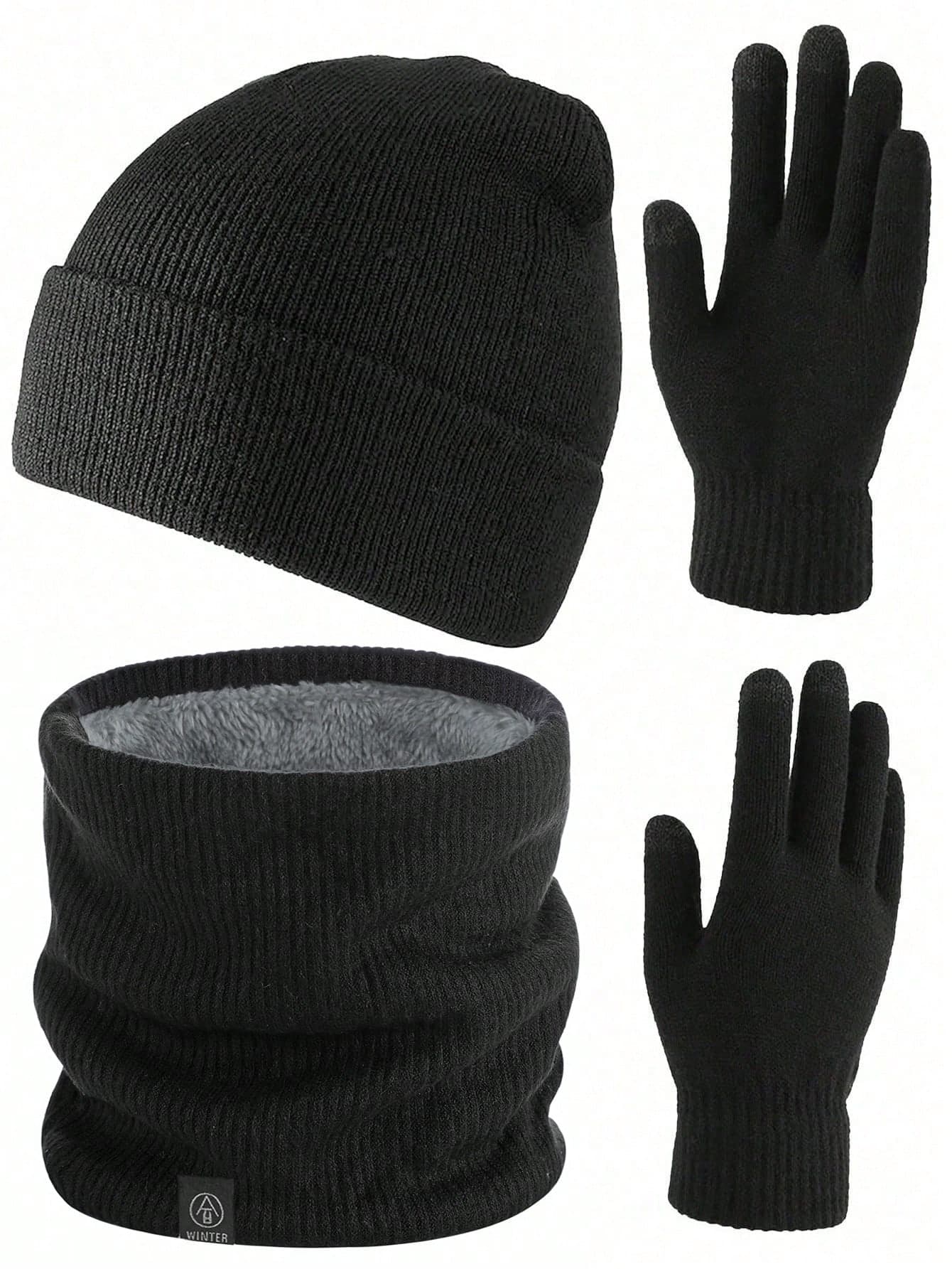 3pcs/Set Classic Knitted Hat + Neck Warmer + Gloves, Warm Thick Acrylic Knit Winter Hat, Reversible Knit Beanie, Unisex