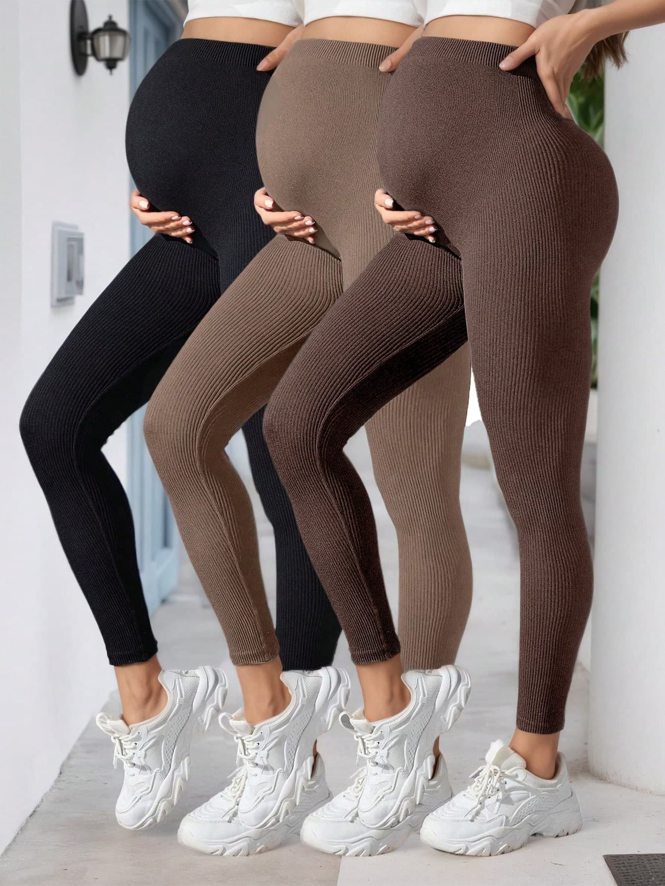 3pcs Maternity Casual Leggings Set, Suitable For Autumn, Winter And Spring Outdoor Wear Sports Brown
