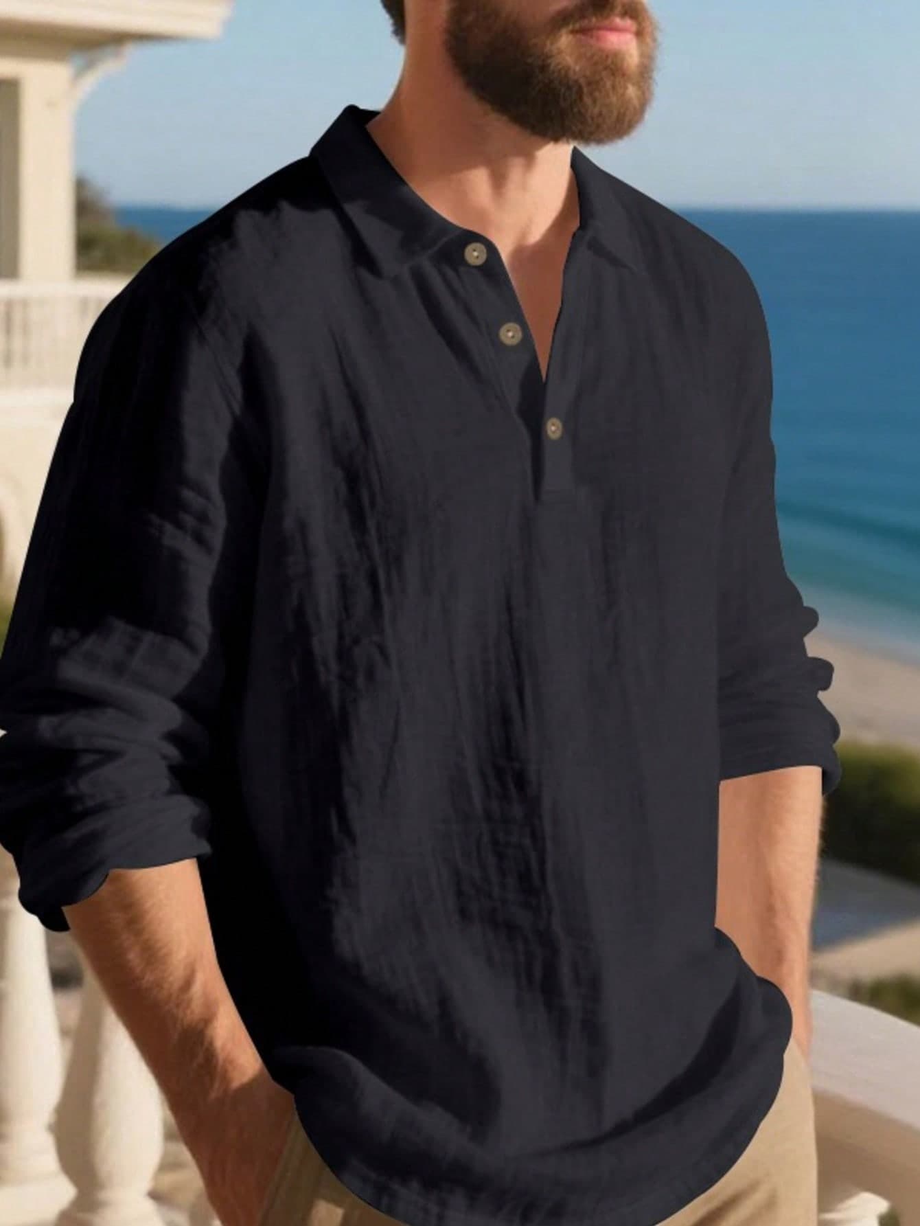 European & American Men's Spring/Summer Lightweight Loose Fit Sun Protection Black Linen Long Sleeve Polo Shirt, Half-Button Design, Breathable & Comfortable, Suitable For Beach, Outdoor Activities (European & American Sizes Run Large, Sleeves Are Longer, Recommend Choosing One Size Smaller)