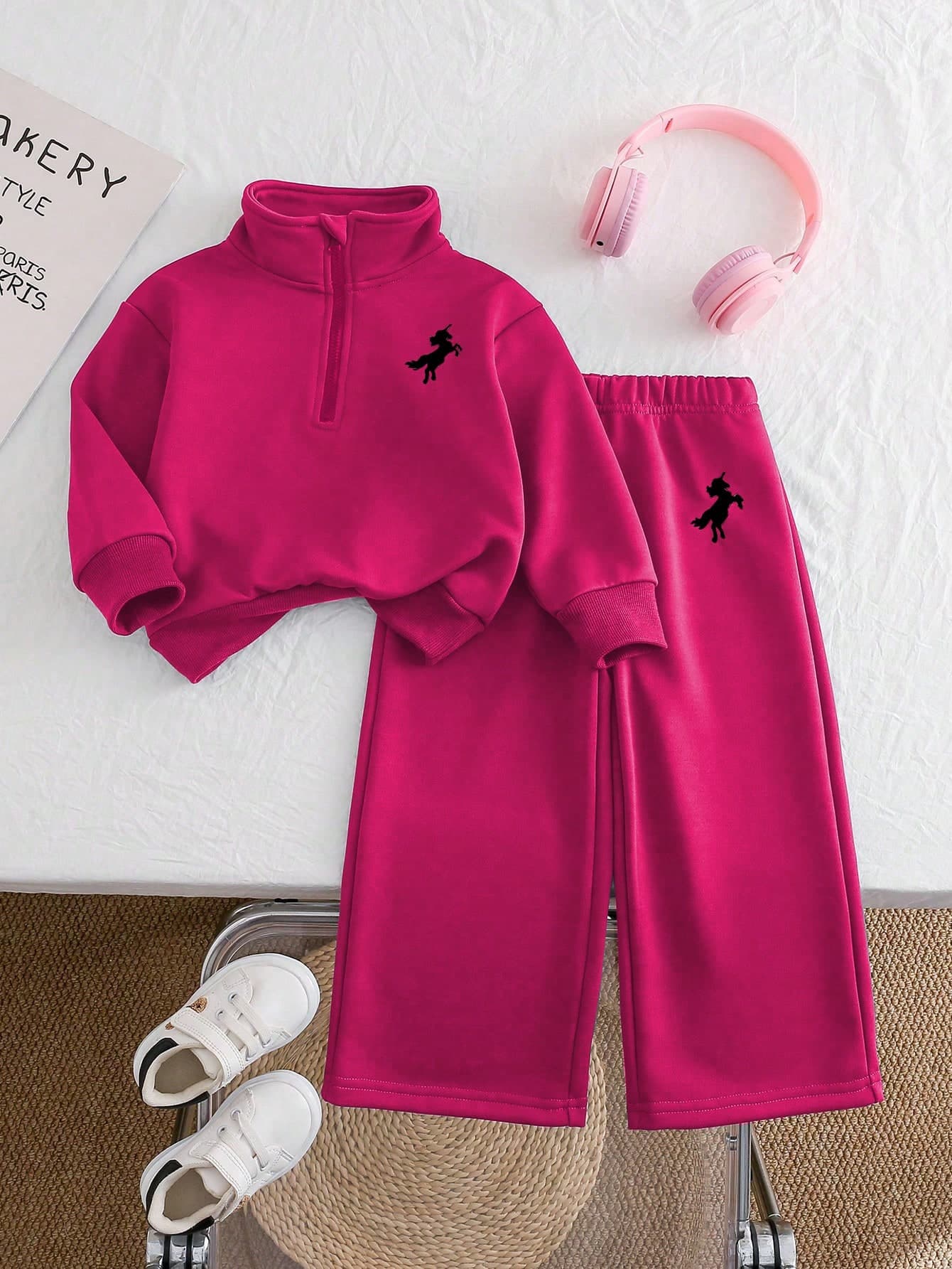 Chatreadl 2pcs Girls Unicorn Embroidery Solid Color Sweatshirt And Pants Set, Minimalist Design, Comfortable For Spring, Autumn And Winter