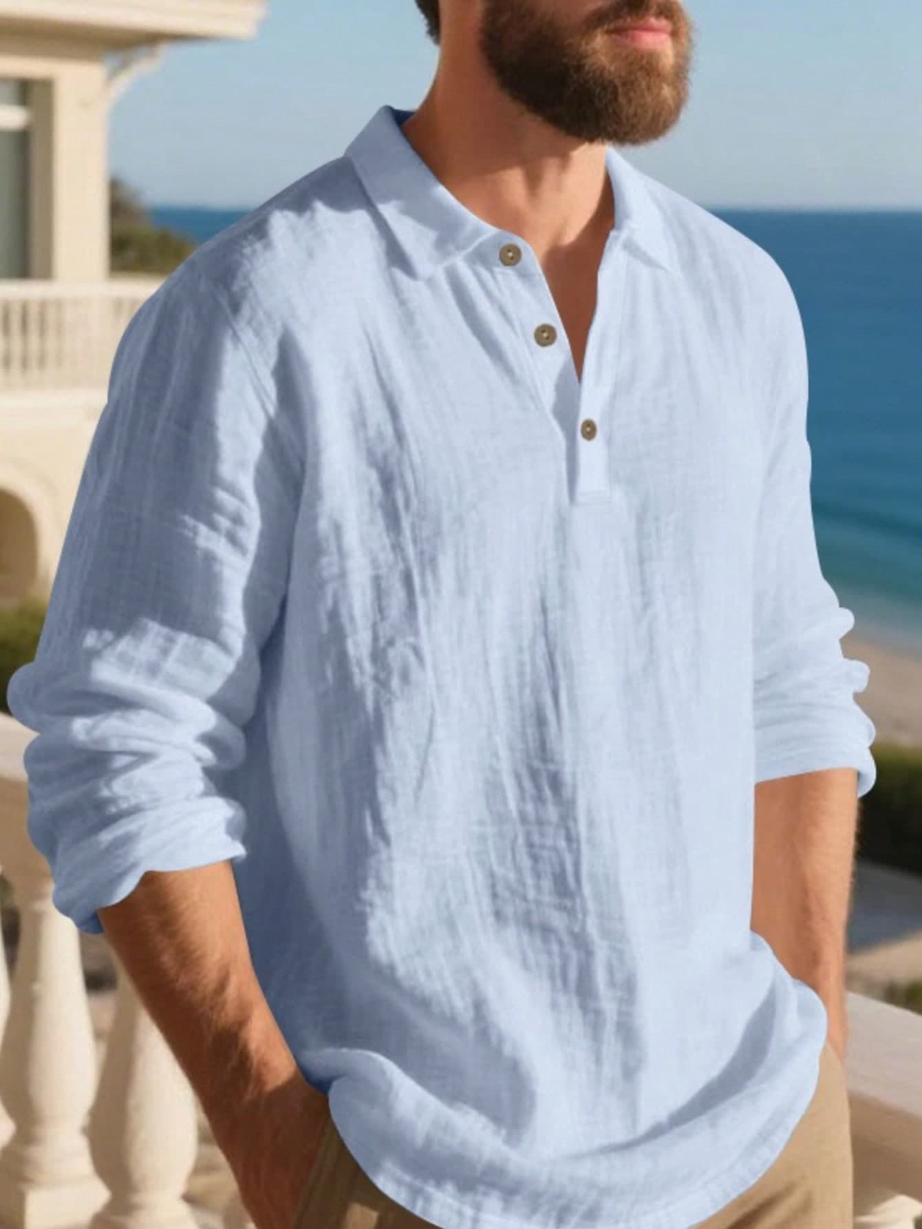 European & American Men's Summer Lightweight Loose Fit Sun Protection Light Blue Linen Long Sleeve Polo Shirt, Half-Button Design, Breathable And Comfortable, Suitable For Beach And Outdoor Activities (Summer Fabric Is Thinner And Slightly Sheer; European & American Sizes Run Large!! Sleeves Are Longer, Recommend Choosing One Size Smaller!)