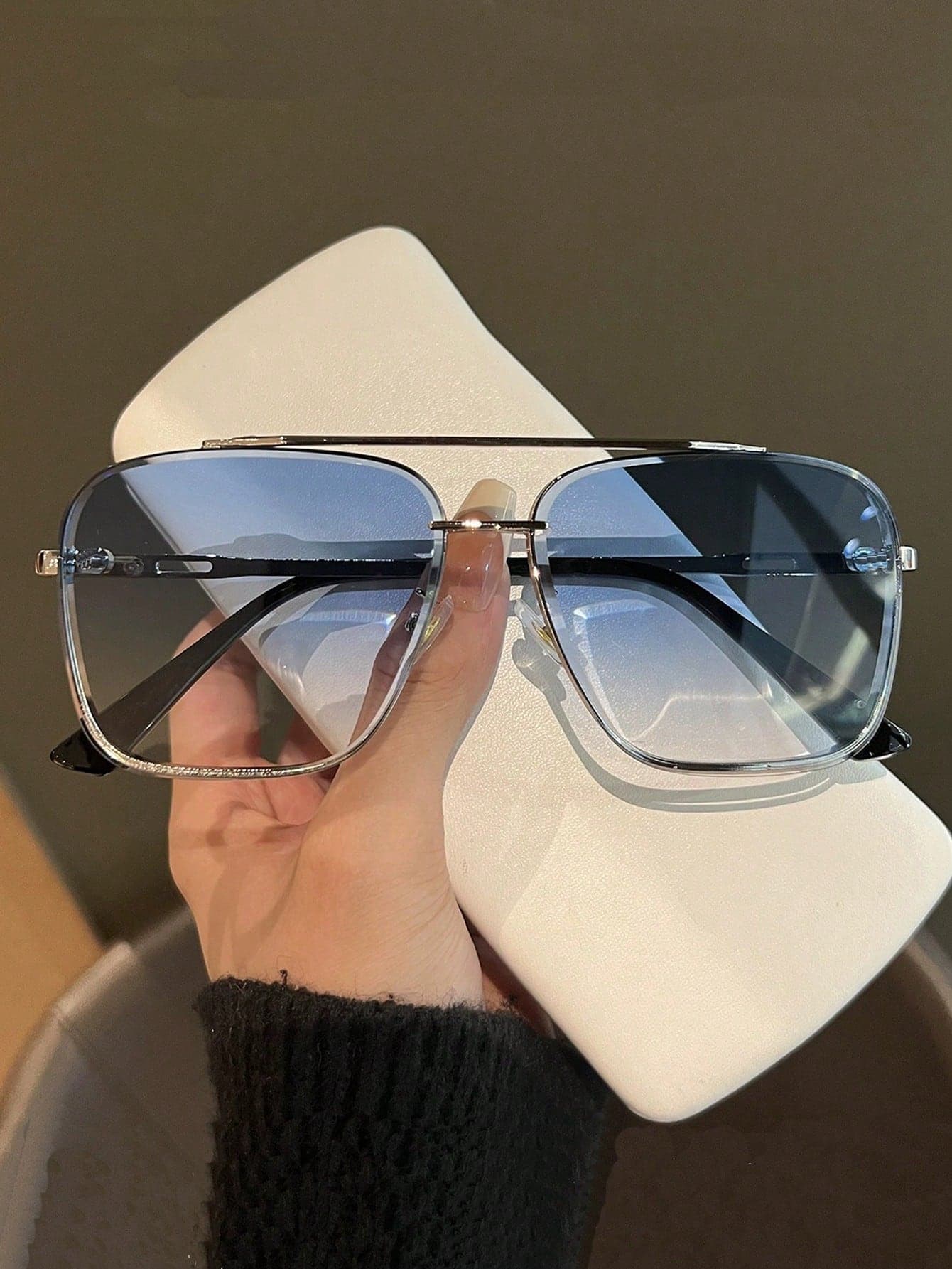 1pc Men's Vintage Rimless Double Bridge Design Fashion Aviator Shades, Suitable For Outfits, Travel And Daily Use