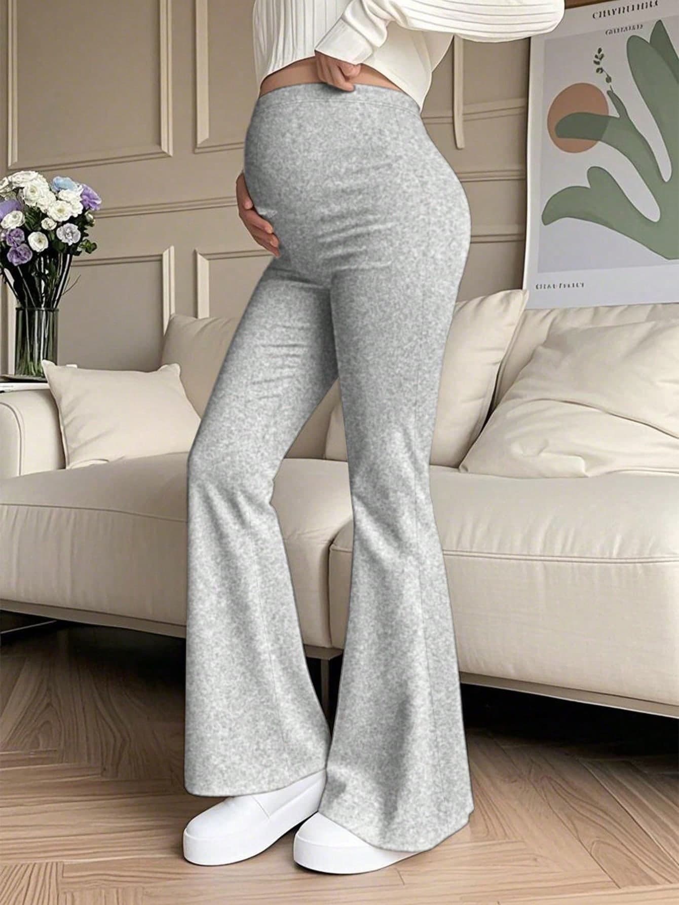 Women's Solid Color High Waist Elastic Casual Maternity Flare Pants, Maternity Wear Spring