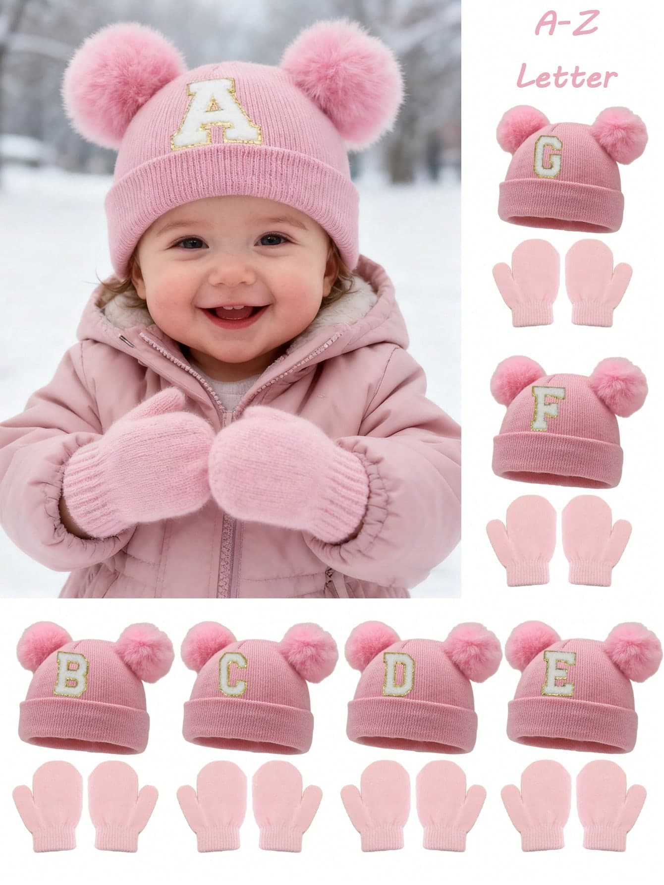 2PCS/Set Knitted Caps&Gloves Baby A-Z Letter Knitted Caps With Pink Gloves Girls Hat Kids Beanie Cap Infant Accessories Children Elastic Hats