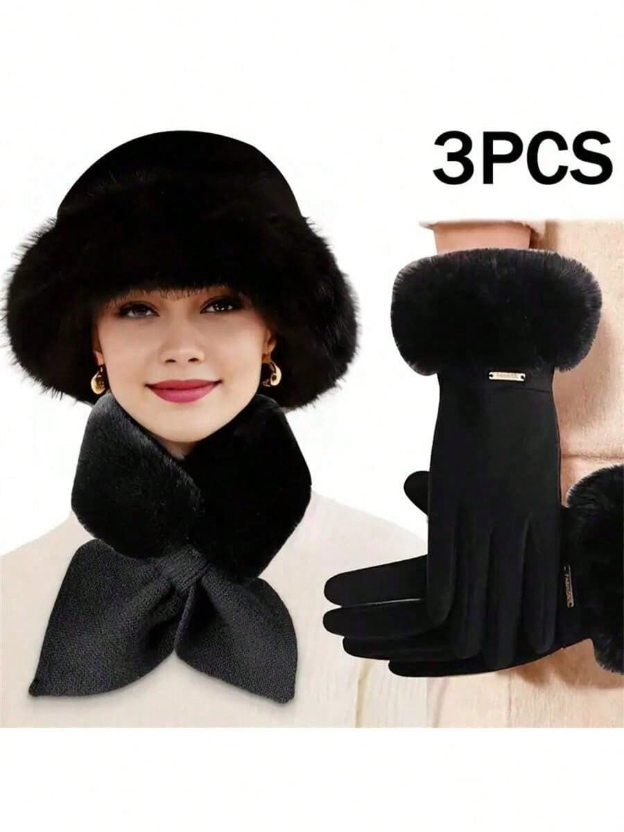 3pcs Women Winter Faux Fur Hat Scarf Gloves Set Windproof Warm Bucket Hat Suitable For Outdoors, Great For Christmas, Fall And Winter Gifts