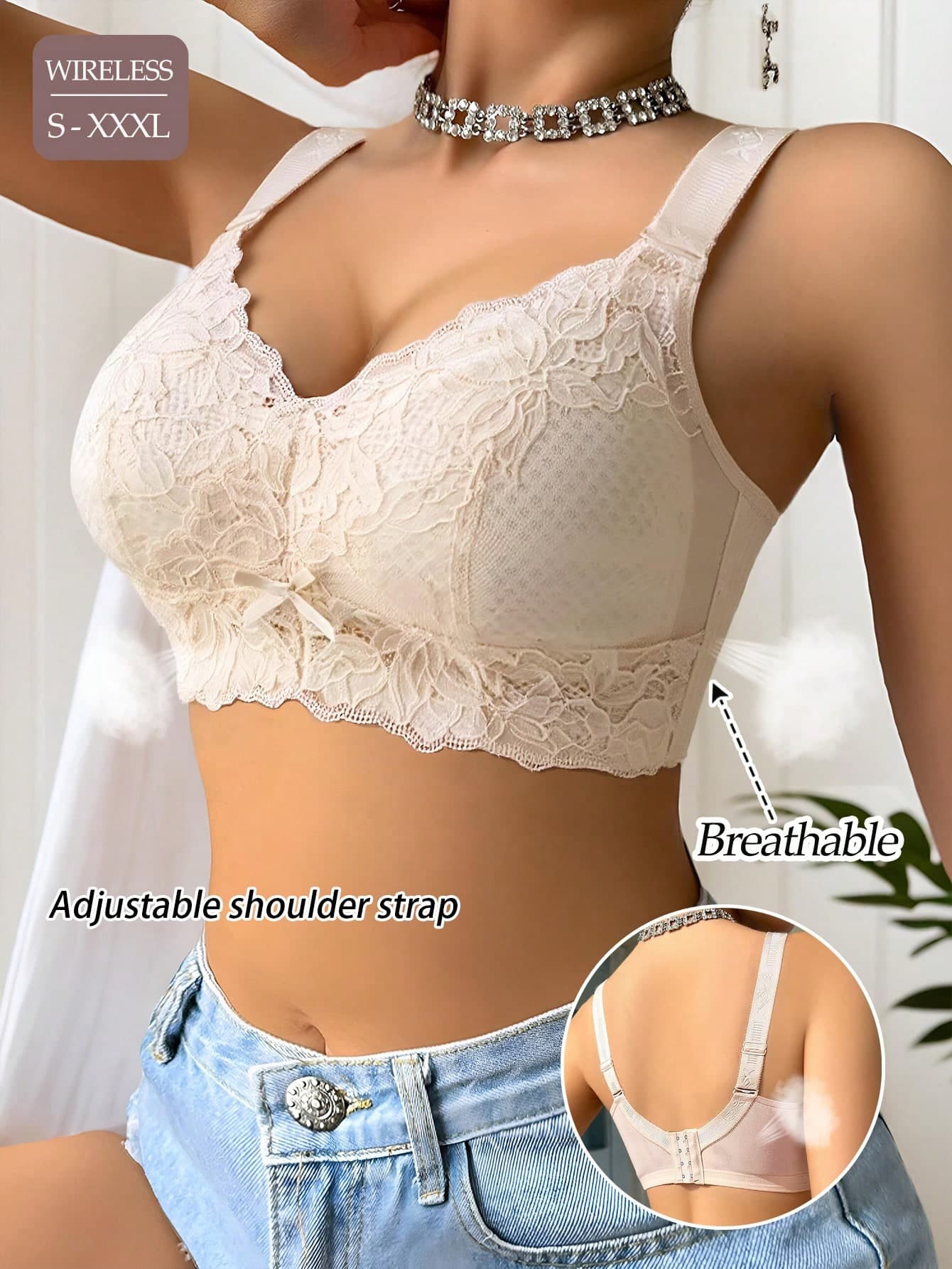 1pc Nude 1pc Lace Women's Lingerie Non-Wired Thin Breathable Quick-Dry Comfortable Side-Support Bra 4-Row Hook Adjustable High-End Full Coverage Elegant Bra