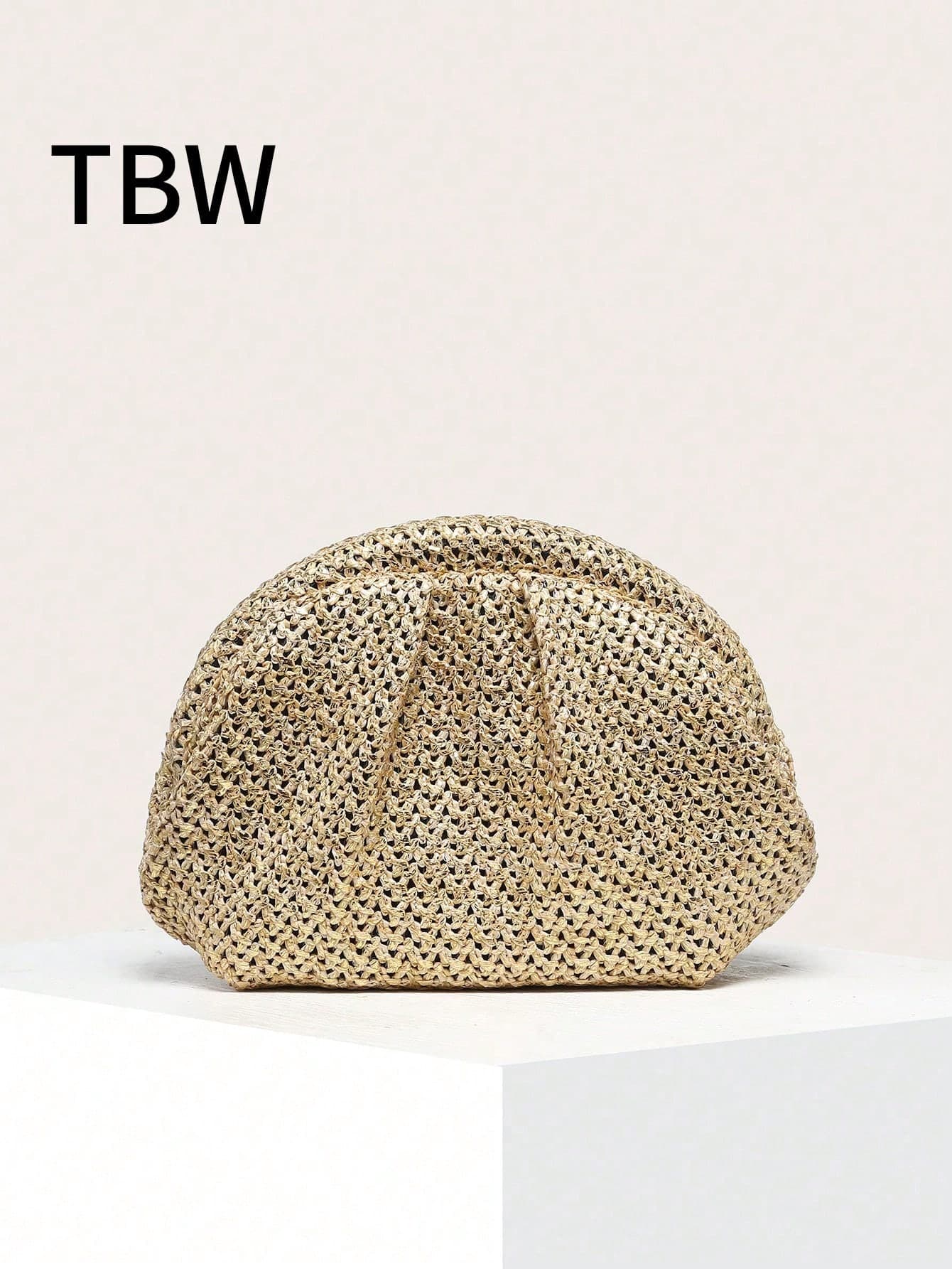 1pc Women's Mini Gold Pleated Straw Clip Handbag With Chain Strap, Suitable For Outings, Vacations, And Shopping