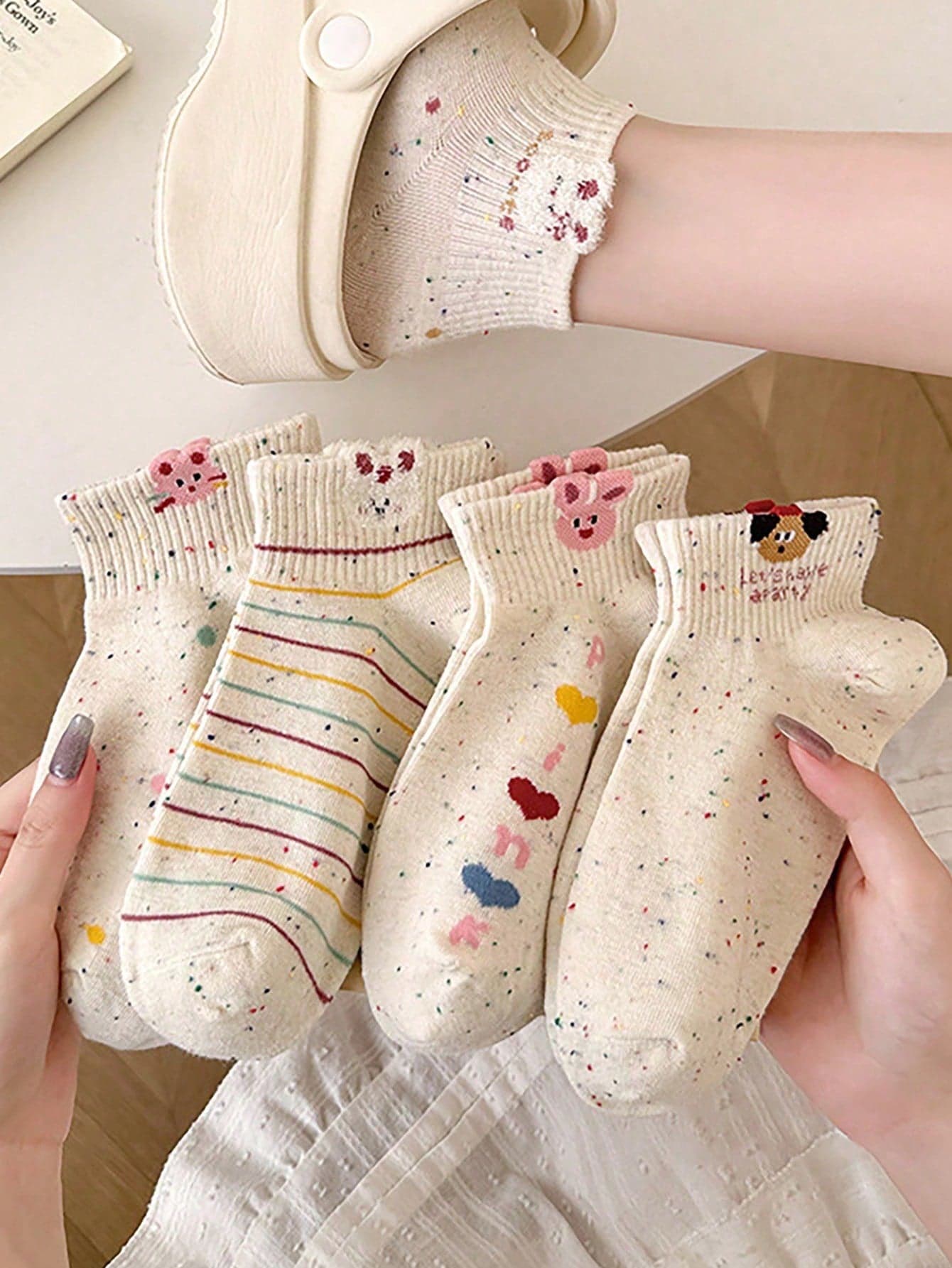 5 Pairs Dot Yarn Women Short Socks Fashion Cute Cartoon Pattern Spring/Summer Sweat Absorbing Breathable Casual Sport Socks