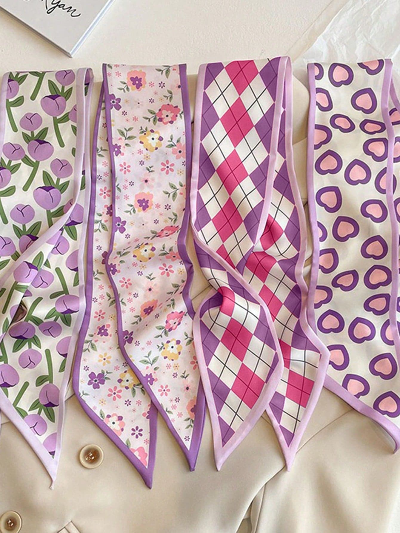 4pcs/Set Purple Silk Scarf & Floral Pattern Headband, Elegant Accessories For Daily & Holiday Use, Women Headwrap, Warm Headband, Women Scarf Fashion Hair Band Holiday Essential Hair Accessories Summer Outfits