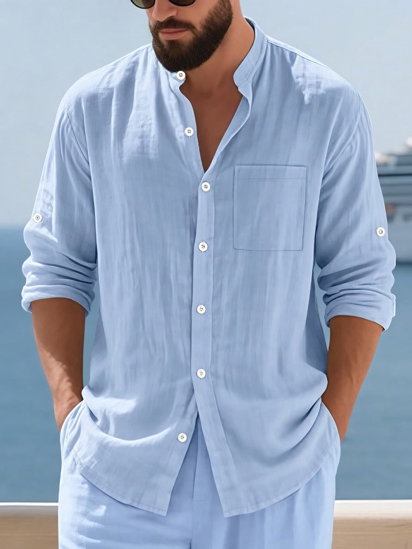 European & American Men's Linen Loose Fit Stand Collar Long Sleeve Casual Button-Up Shirt With Roll-Up Sleeves, Beach Top