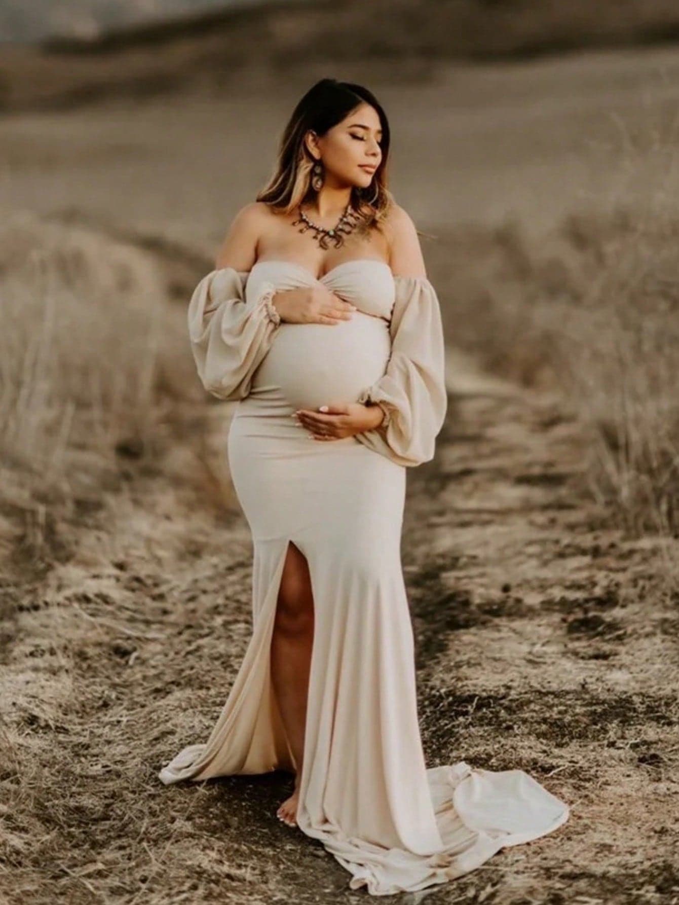 JustVH 2pcs Maternity Lantern Sleeve Tube Top & High Slit Maxi Dress, Suitable For Photo Shoot And Baby Shower Spring