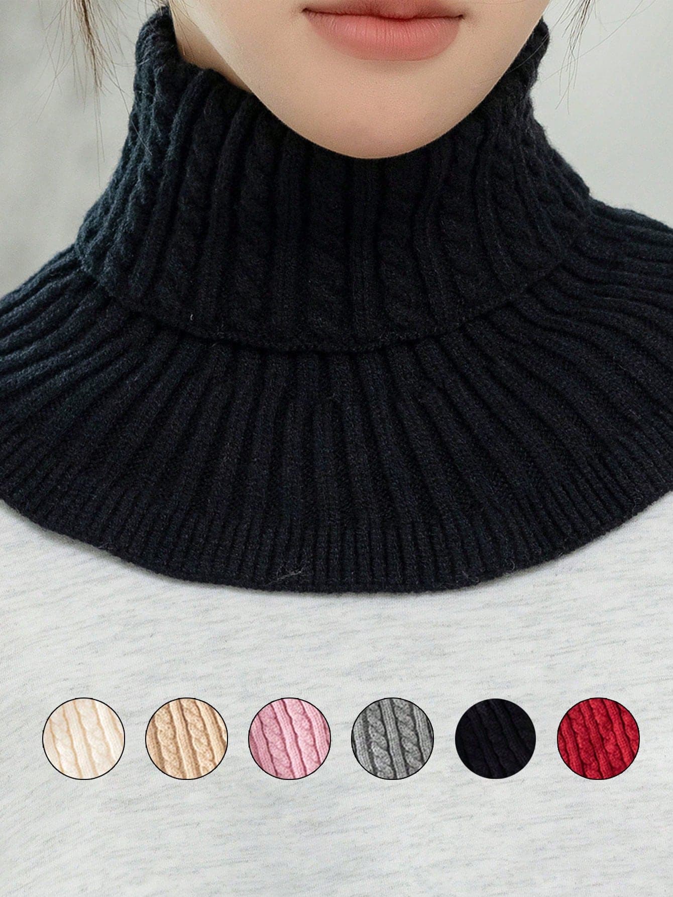 1pc Women Solid Color Knitted Neck Warmer, Knitted High Collar Scarf With Floral Trim, Thick Warm Neck Gaiter For Autumn/Winter