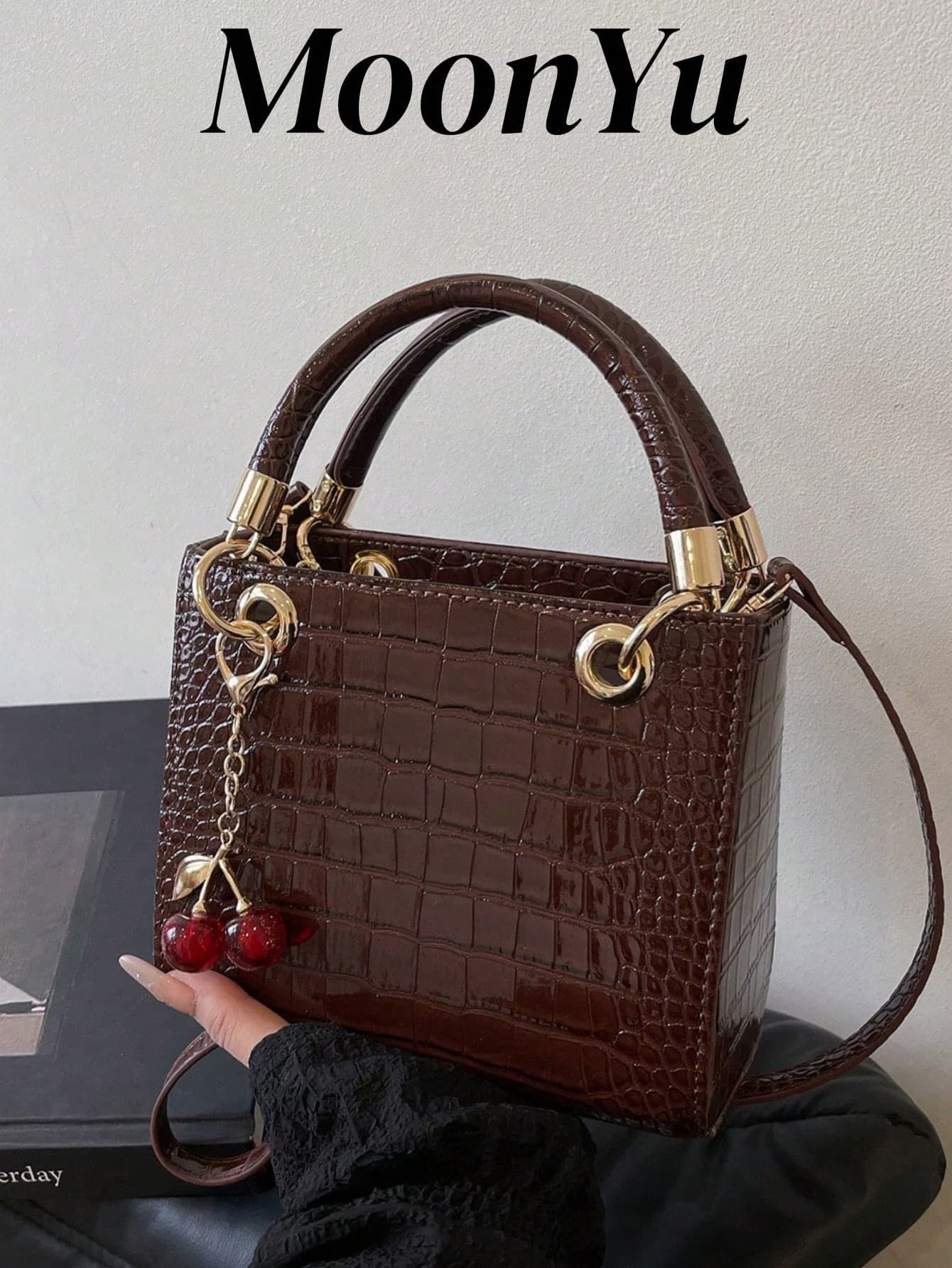 Women's Tote Bag With Large Capacity, Cherry Pendant, Adjustable Shoulder Strap For Crossbody Or Shoulder Wear, Elegant Coffee Color, Bags Ladies Elegant