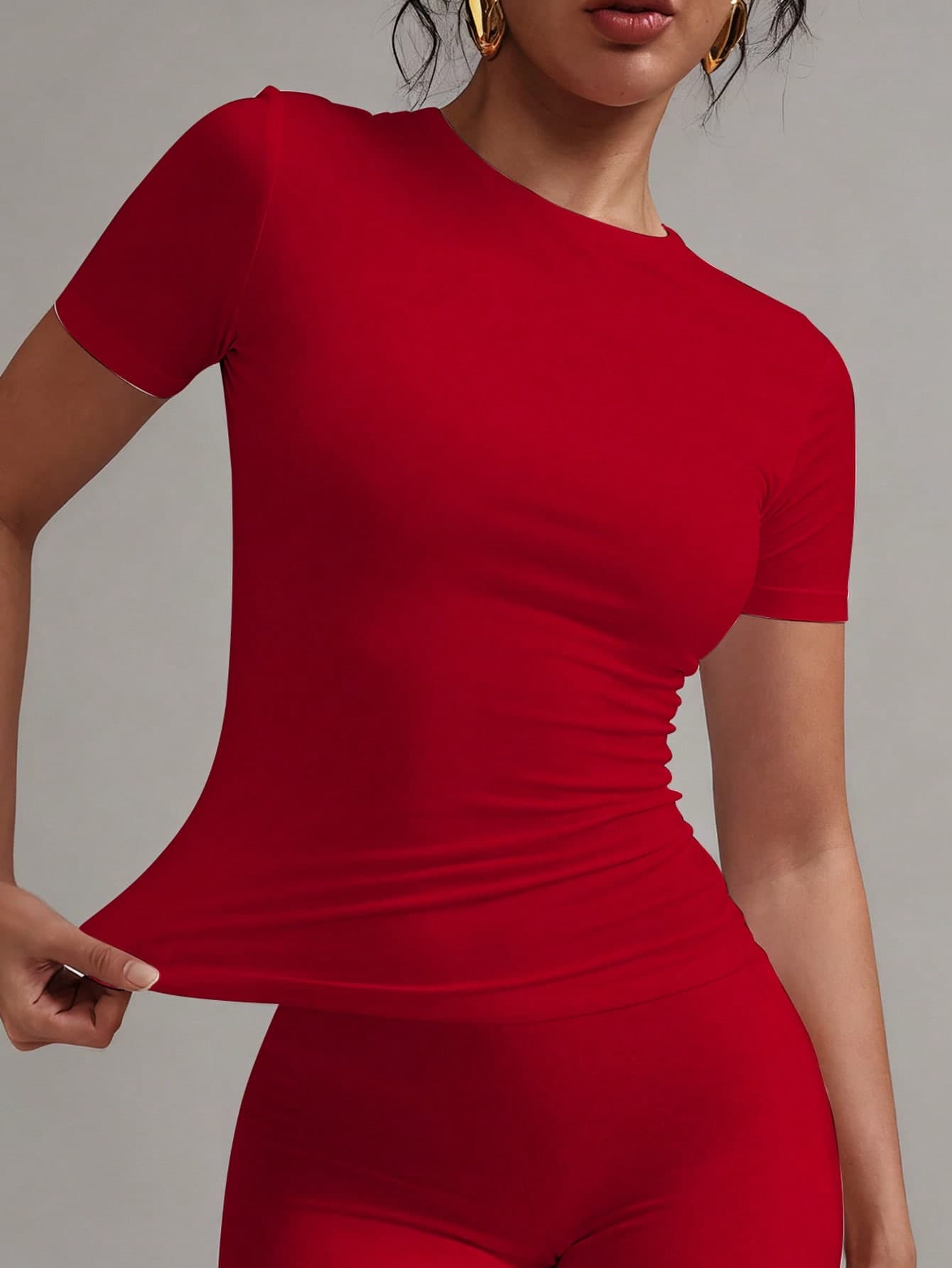 XLLAIS 2026 Small Round Neck Short Sleeve Tops Solid Basic Skinny Sport Fit Women Casual Red T-Shirt Four Season Near Year Red Top Summer