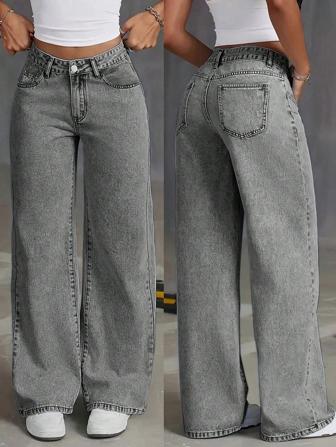 Women's Washed Gray Long Straight Leg Casual Jeans, Non-Stretch, Fashion Pocket Details And Drawstring Design, Unique For Halloween, Christmas, New Year, Thanksgiving Summer Spring