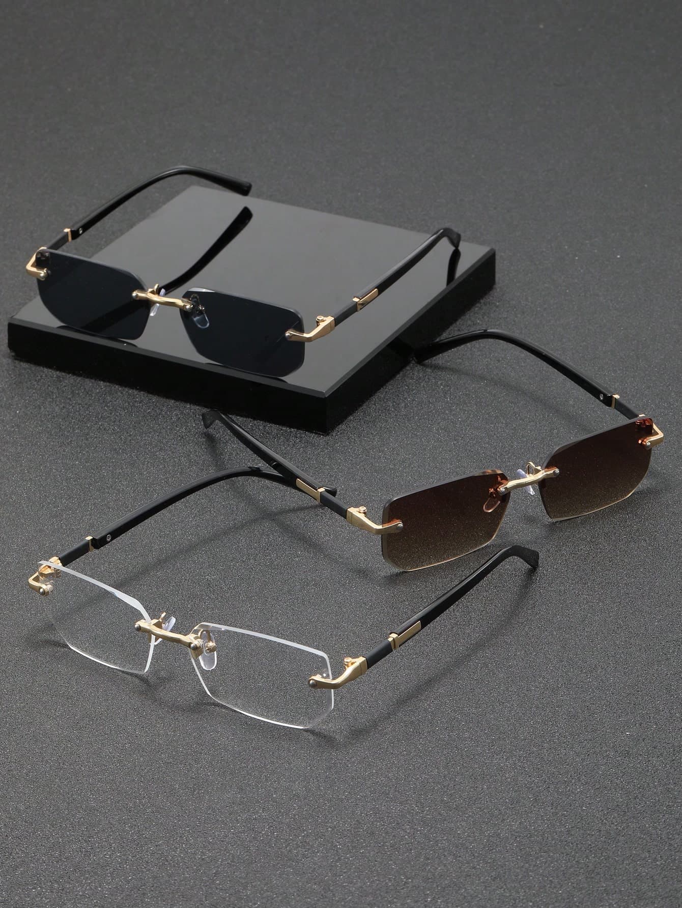 3 Pairs Unisex Rectangular Rimless Fashion Metal Glasses, High-End Eyewear, Suitable For International Fashion Week, Daily Life, Social Events, Business Occasions, Commuting And Travel.