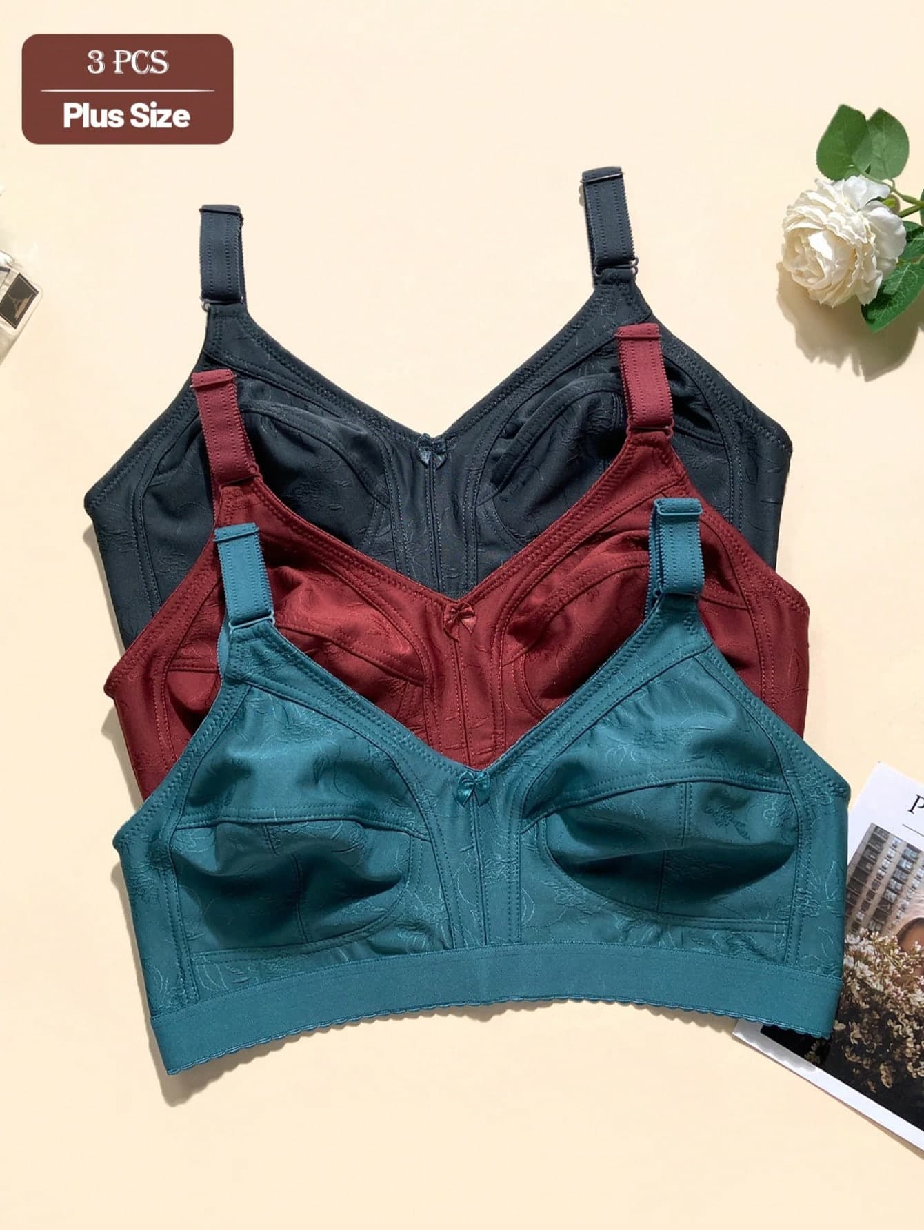 3pcs Floral Print Casual - Comfortable Minimalist Casual - Athletic Casual - Regular Casual Knit Fabric Banded Plus Size Bras For Women