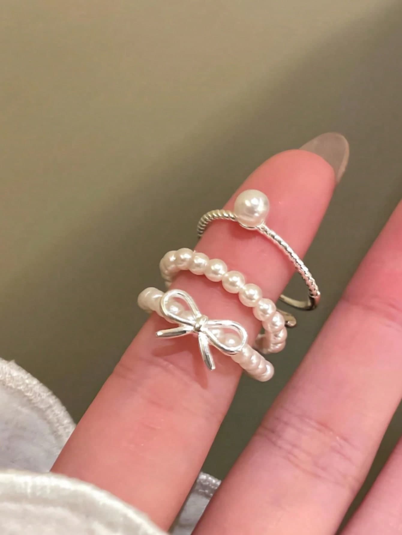 3pcs/Set Minimalist Bowknot Pearl Bead Adjustable Ring Set, Exquisite Layered Jewelry, Halloween Gift For Girlfriend And Sisters