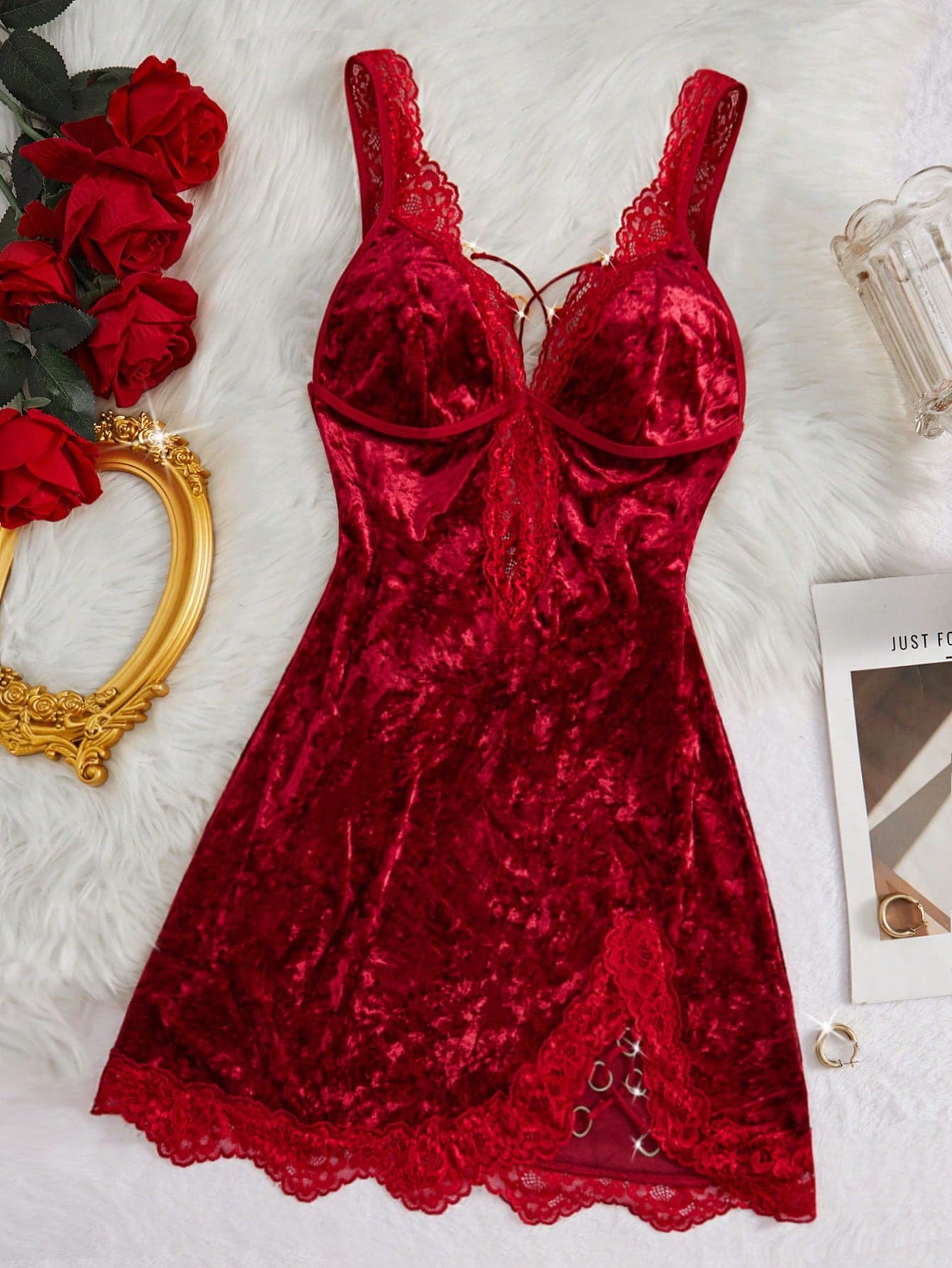 Solid Color Lace Sexy Lingerie Heroe Splicing Velvet Nightgown Deep V Backless Slit Night Dresses Ladies' Fall & Fall Winter Comfortable Sleep Dress