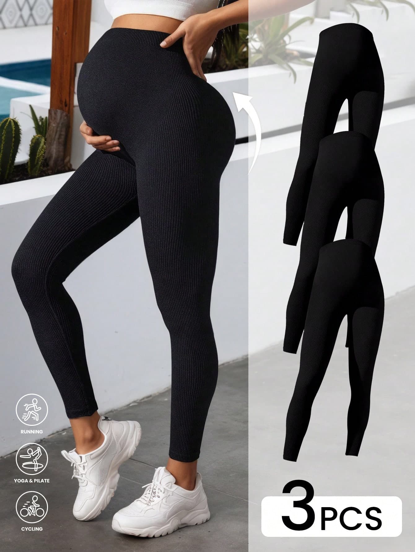 Women's Solid Color High Waist Elastic Daily Casual Maternity Pants 3pcs Set, Women's Clothing, Women's Maternity Pants Sports Black