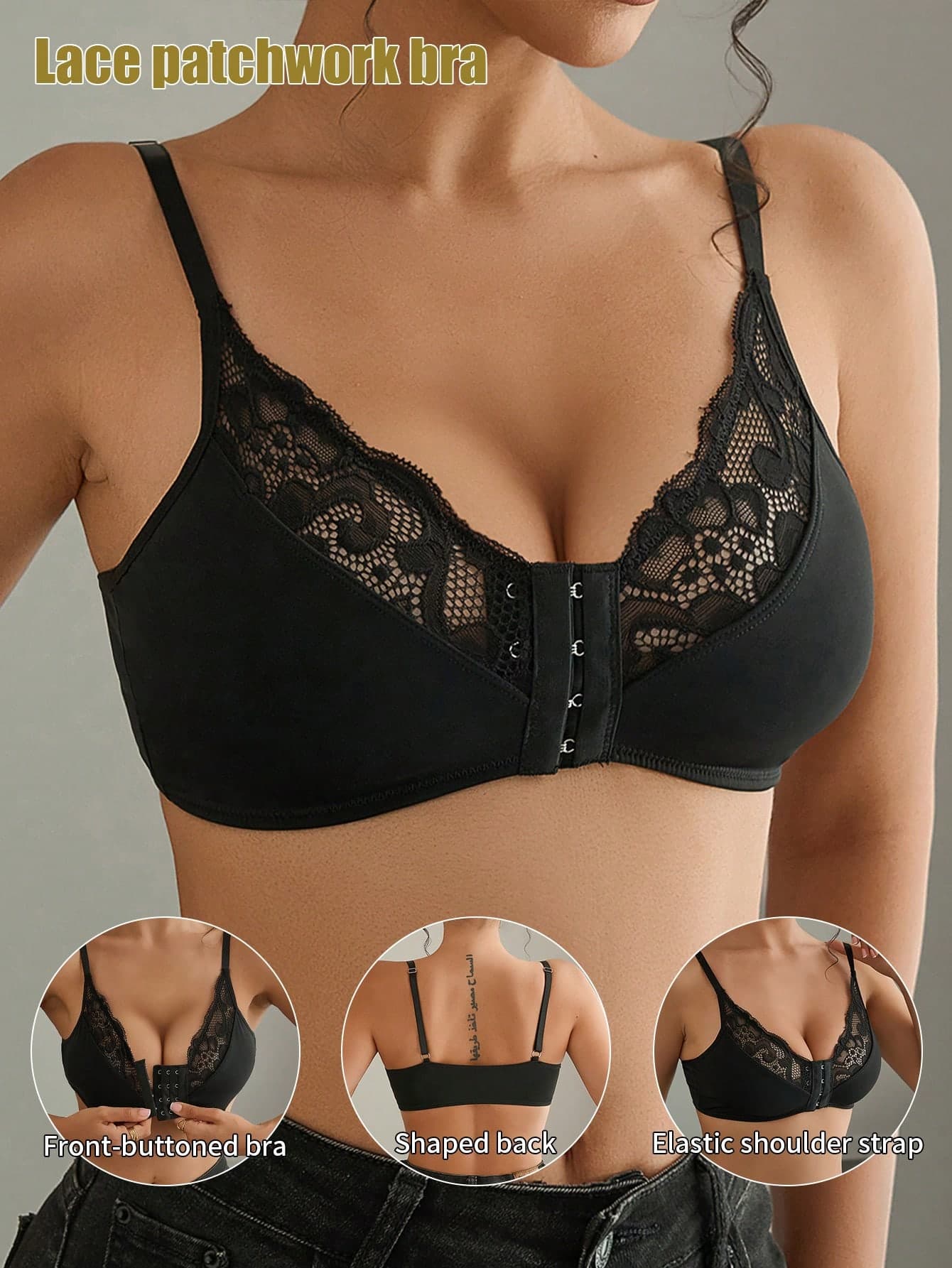 1pc Mature & Charming - Wireless/Wireless & Padless Seamless Comfort Front Hook Racerback Lace Insert Bra For Women
