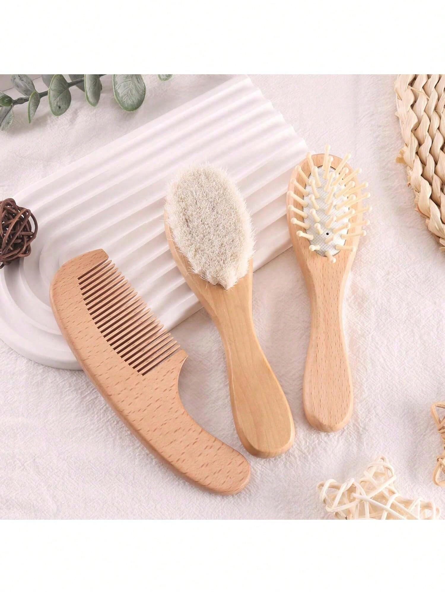 3pcs Baby Care Brush And Comb Set - Cradle Cap Brush, Massage Hair Brush, Wooden Comb, Suitable For Toddlers, Newborns And Infants | Baby Registry Gift