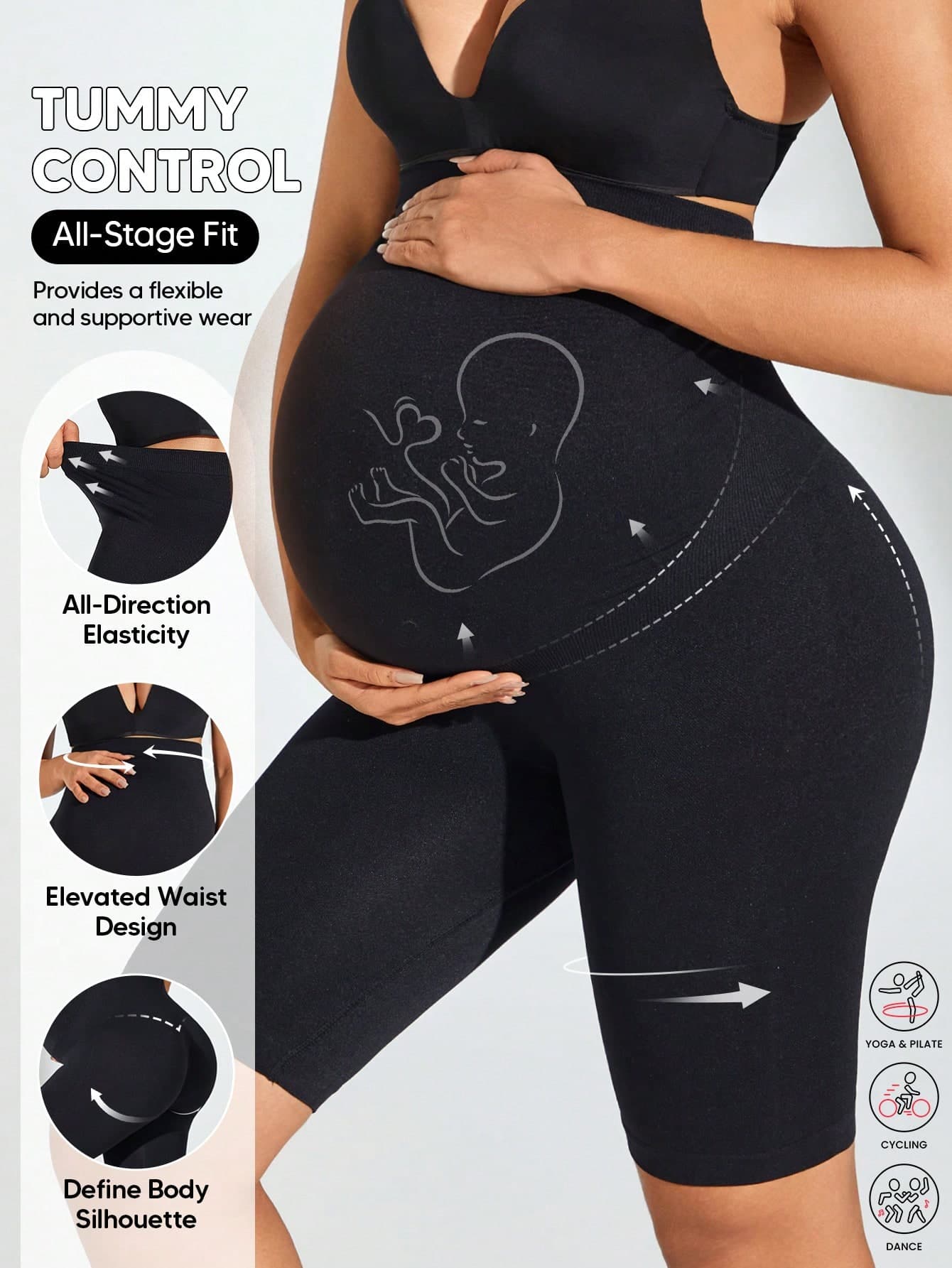 1pc Maternity Shorts, Belly Support Design, Lightweight & Breathable, Stretchy & Comfortable Sports Black