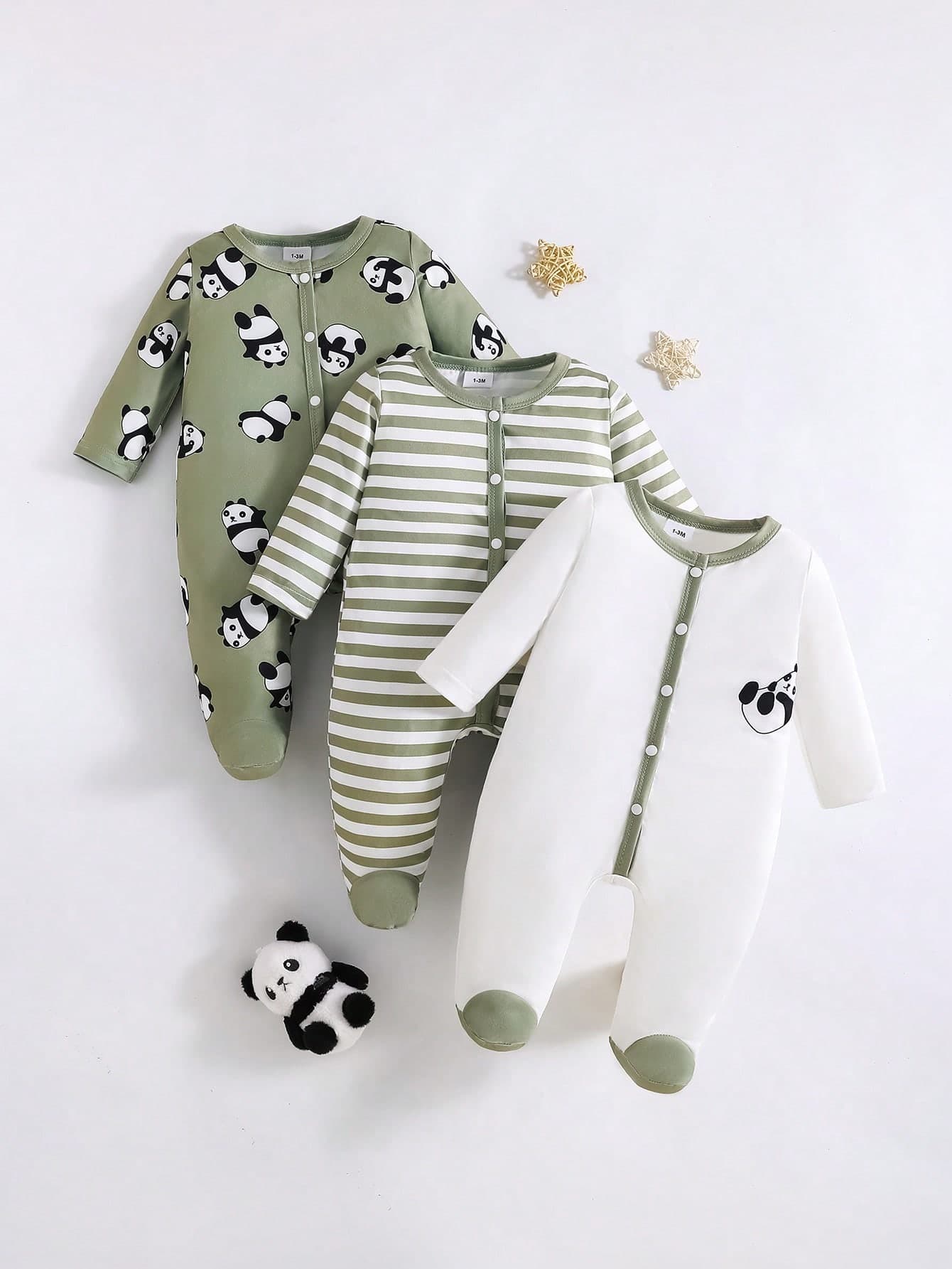 3pcs Cute Cartoon Panda & Striped Print Long Sleeve Footed Jumpsuit For Baby Boys, Suitable For All Seasons