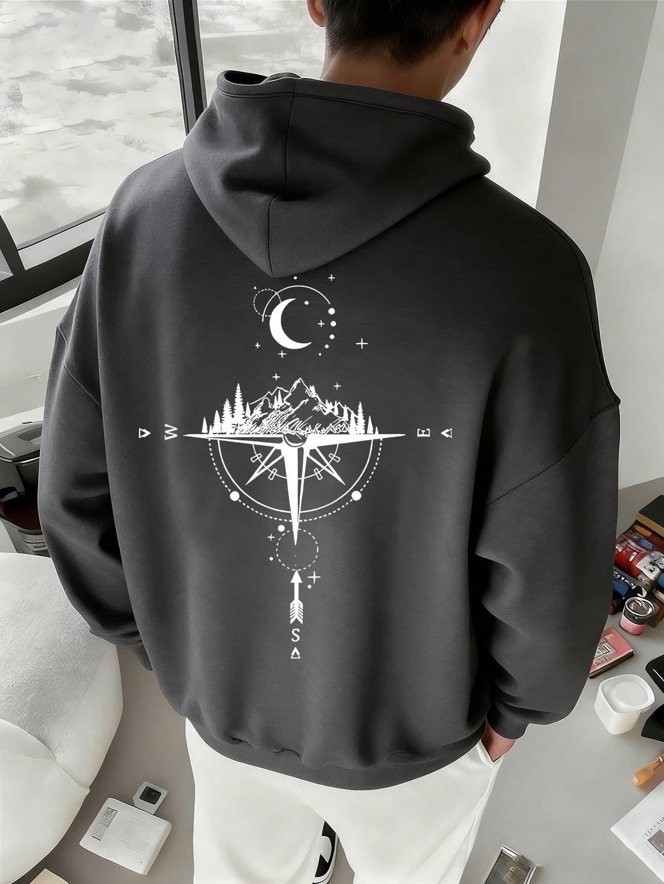 Teenager Boys' Casual Dark Grey Sweatshirt With Letter & Compass Pattern, Suitable For Spring & Autumn Wear. Suitable For Students' Daily Wear, Parties, School, Music Festivals, Vacations, Commuting And Other Occasions.