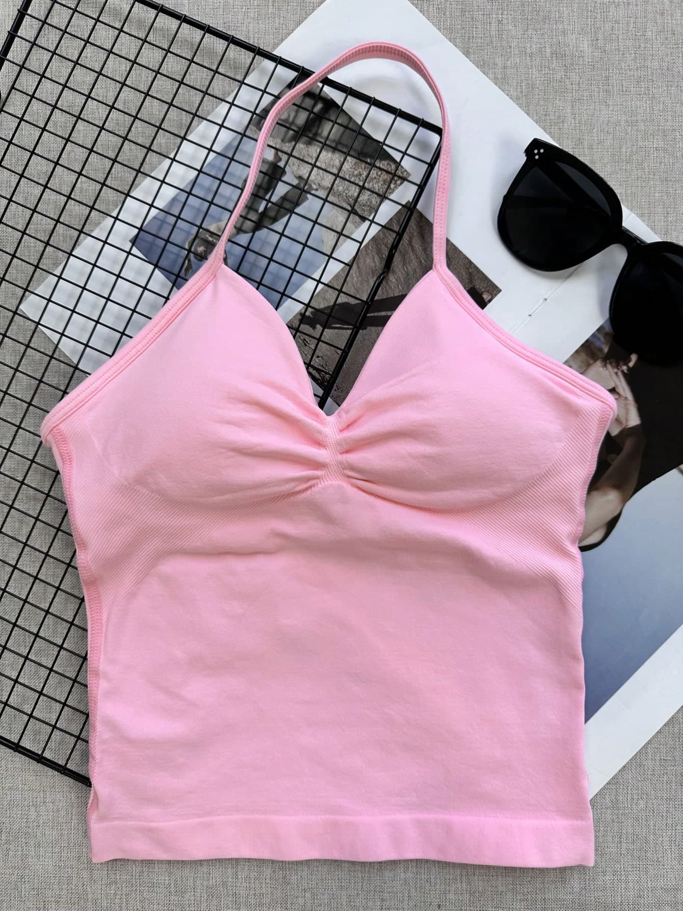 Women's Yoga Sports Bra Sleeveless Cropped Activewear Top, Elastic Fitness Workout Tank Top, Breathable Pink Summer
