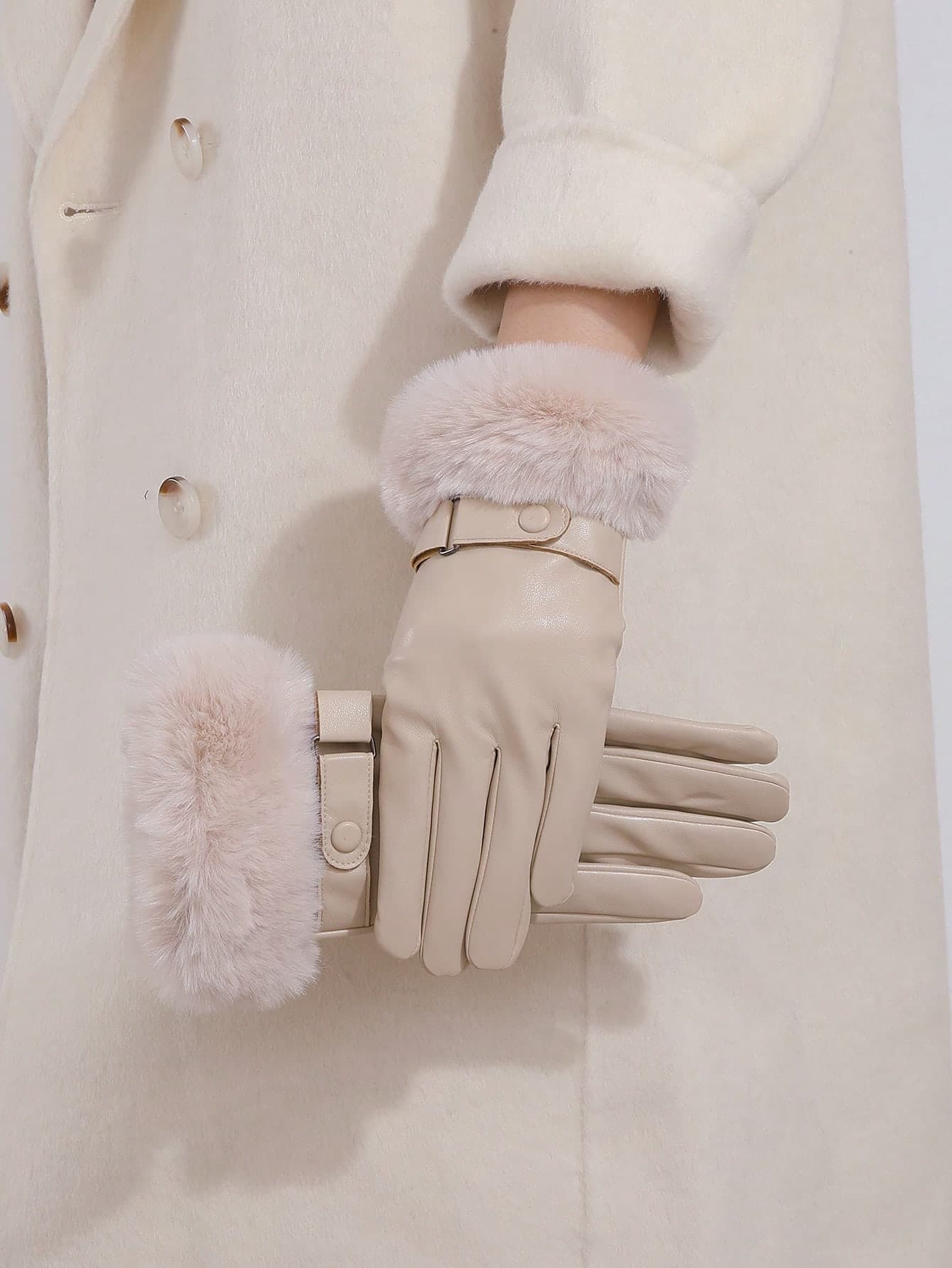 1 Pair Women's Faux Leather Large Cuff Gloves, Fashion Warm Thermal Lined Touchscreen Gloves, Waterproof Windproof PU Gloves